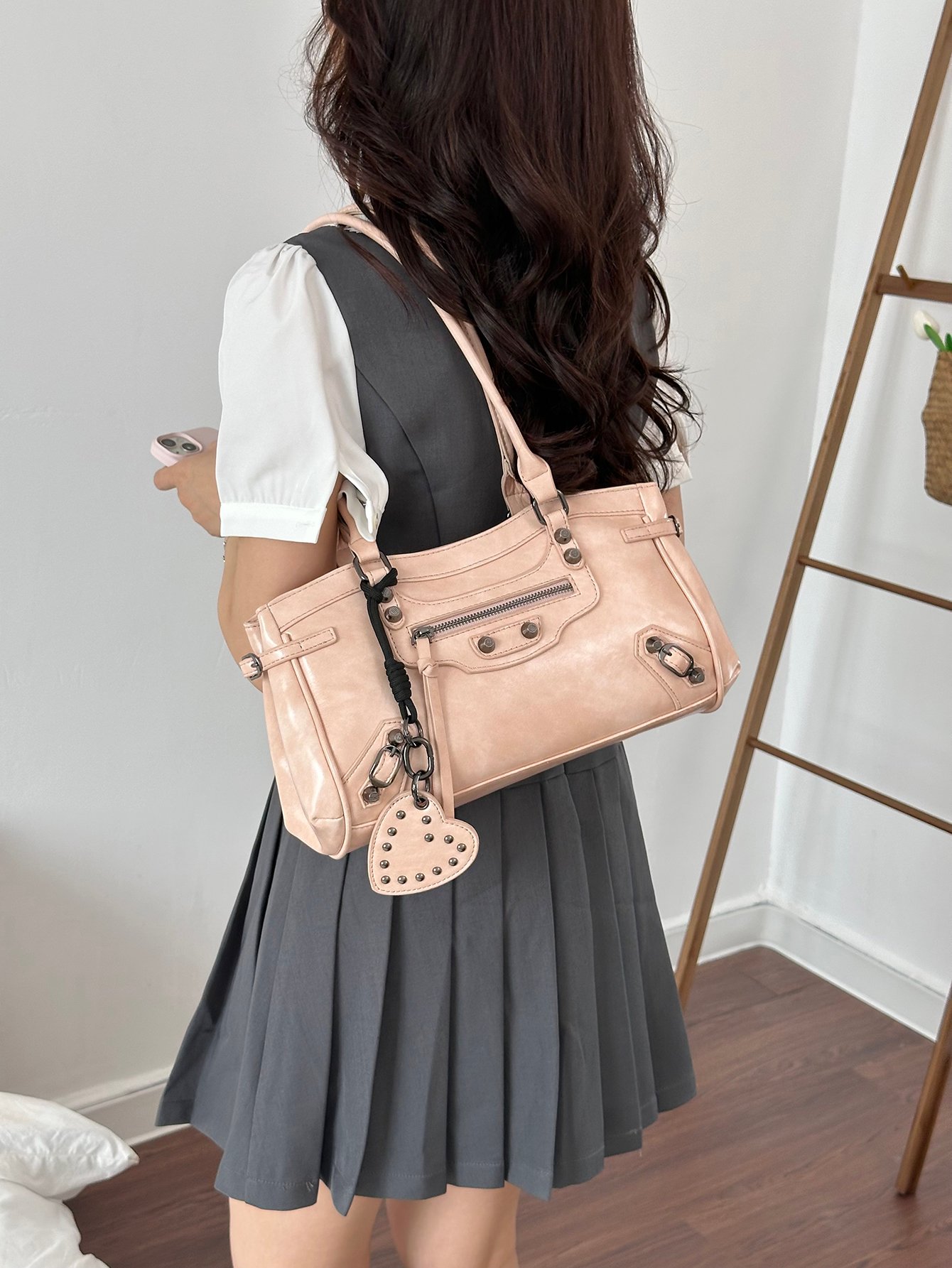 Pink Tote Bag with Studded Heart Charm