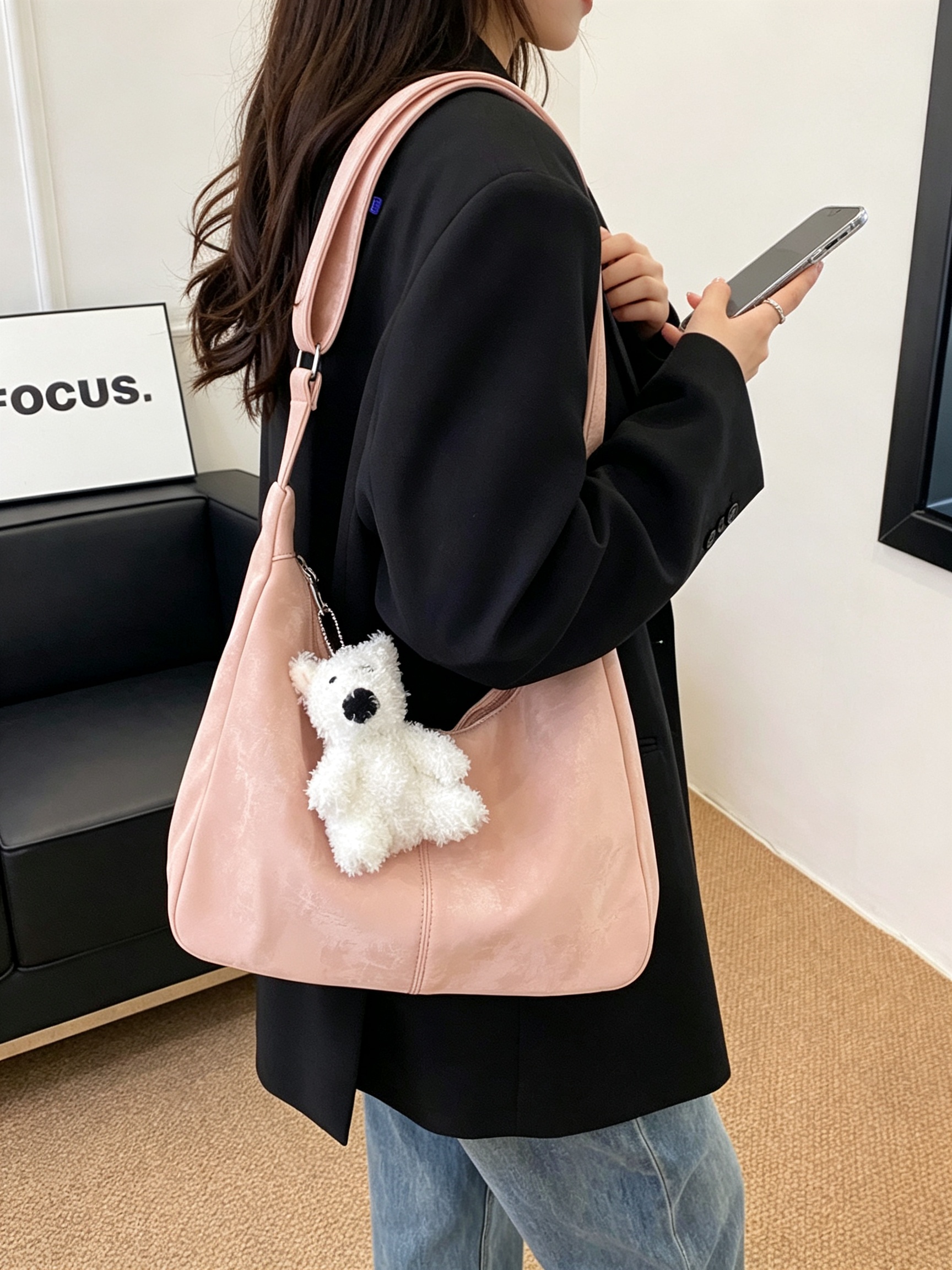 Pink Shoulder Bag with Plush Charm