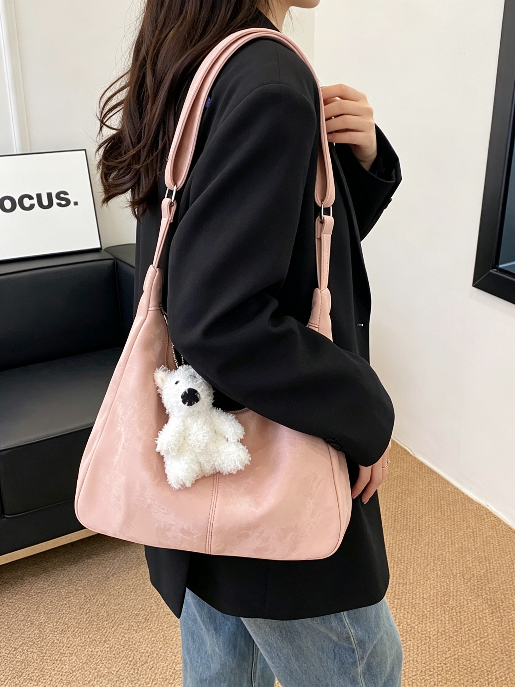 Pink Shoulder Bag with Plush Charm
