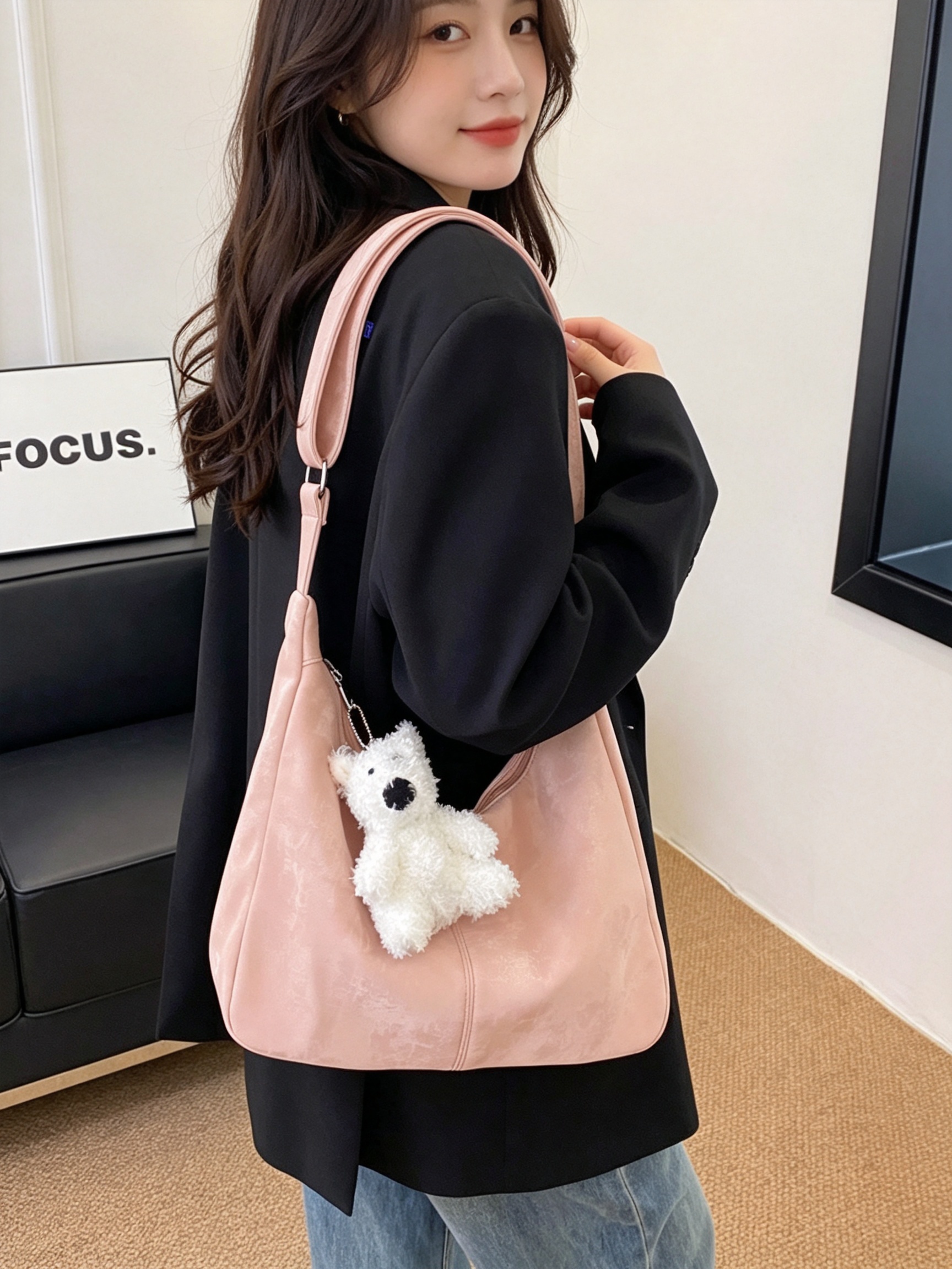 Pink Shoulder Bag with Plush Charm