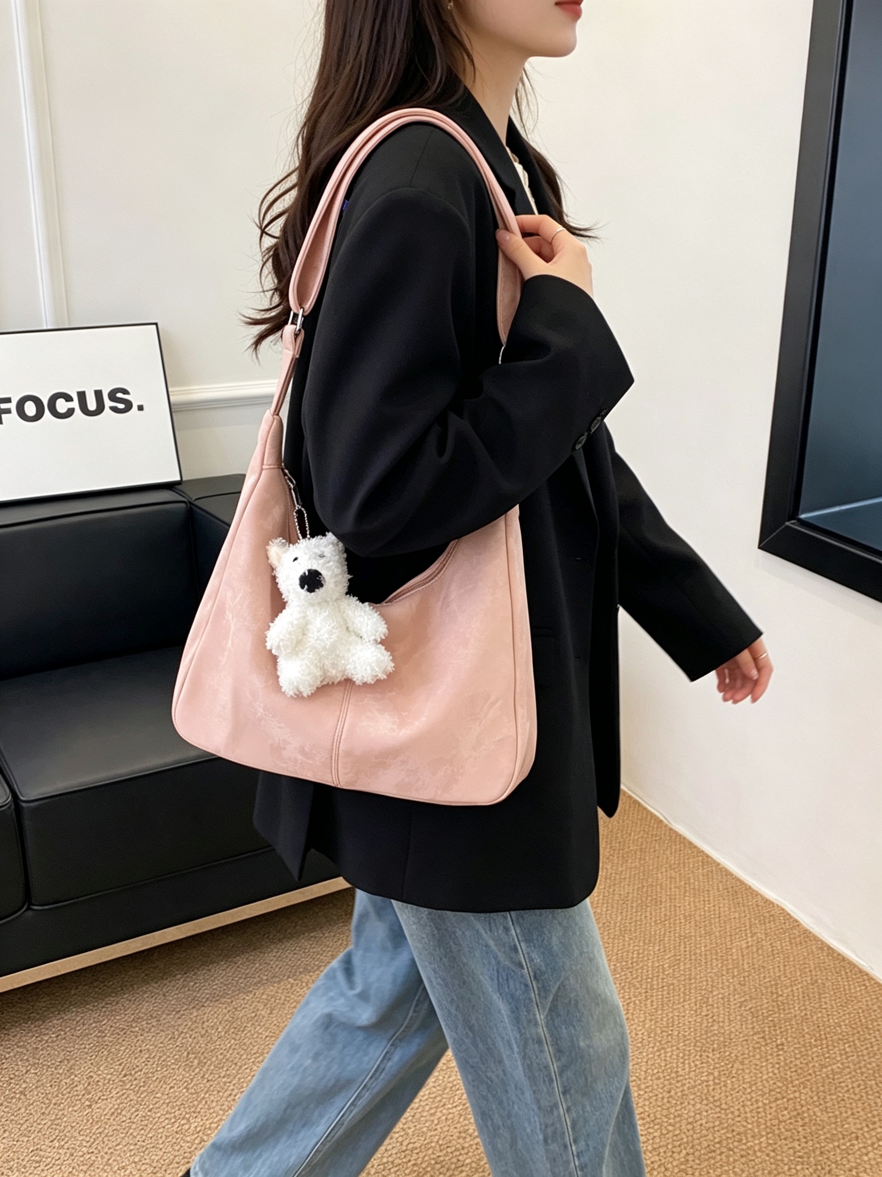 Pink Shoulder Bag with Plush Charm