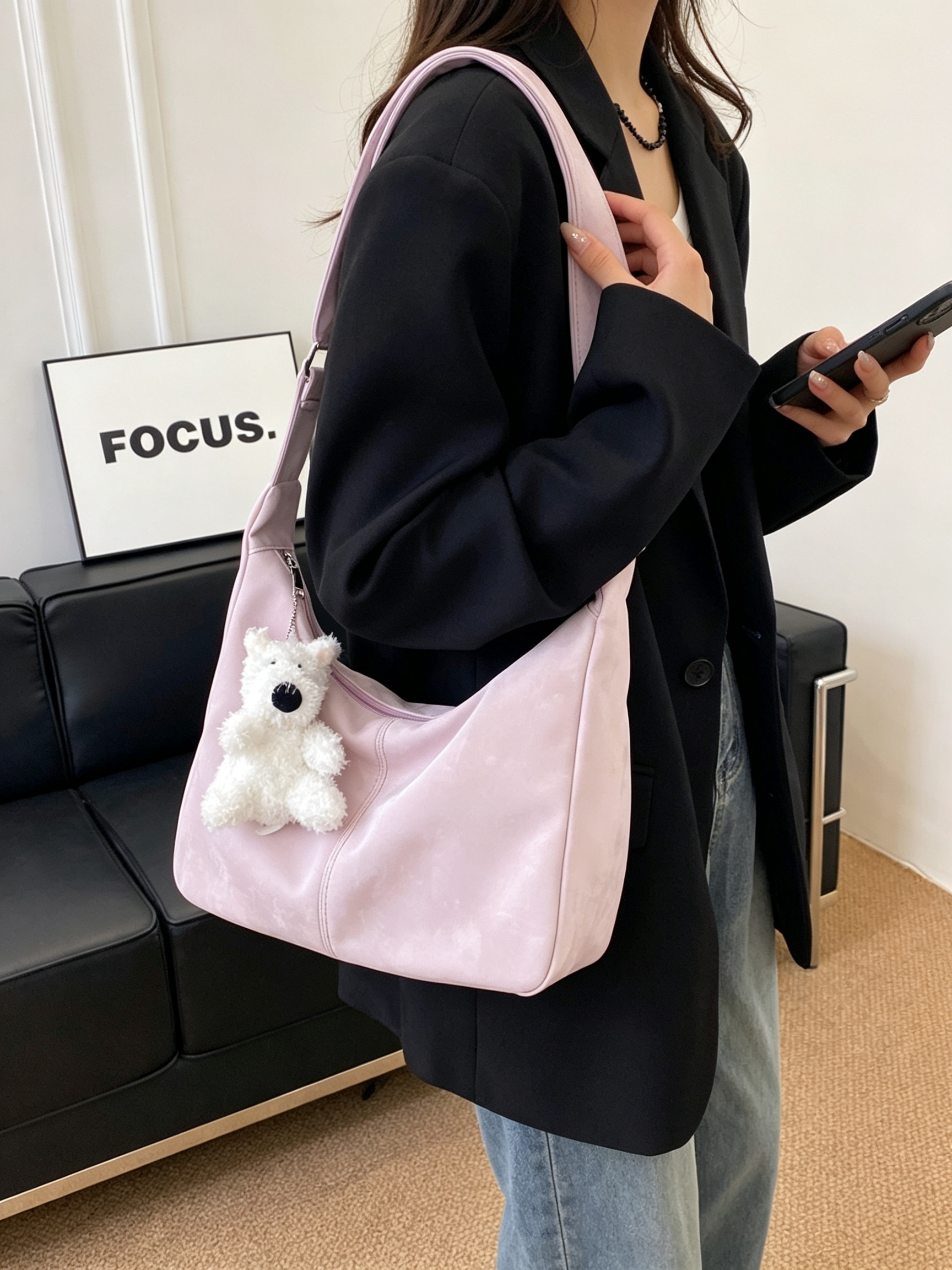 Purple Tote Shoulder Bag with Charm