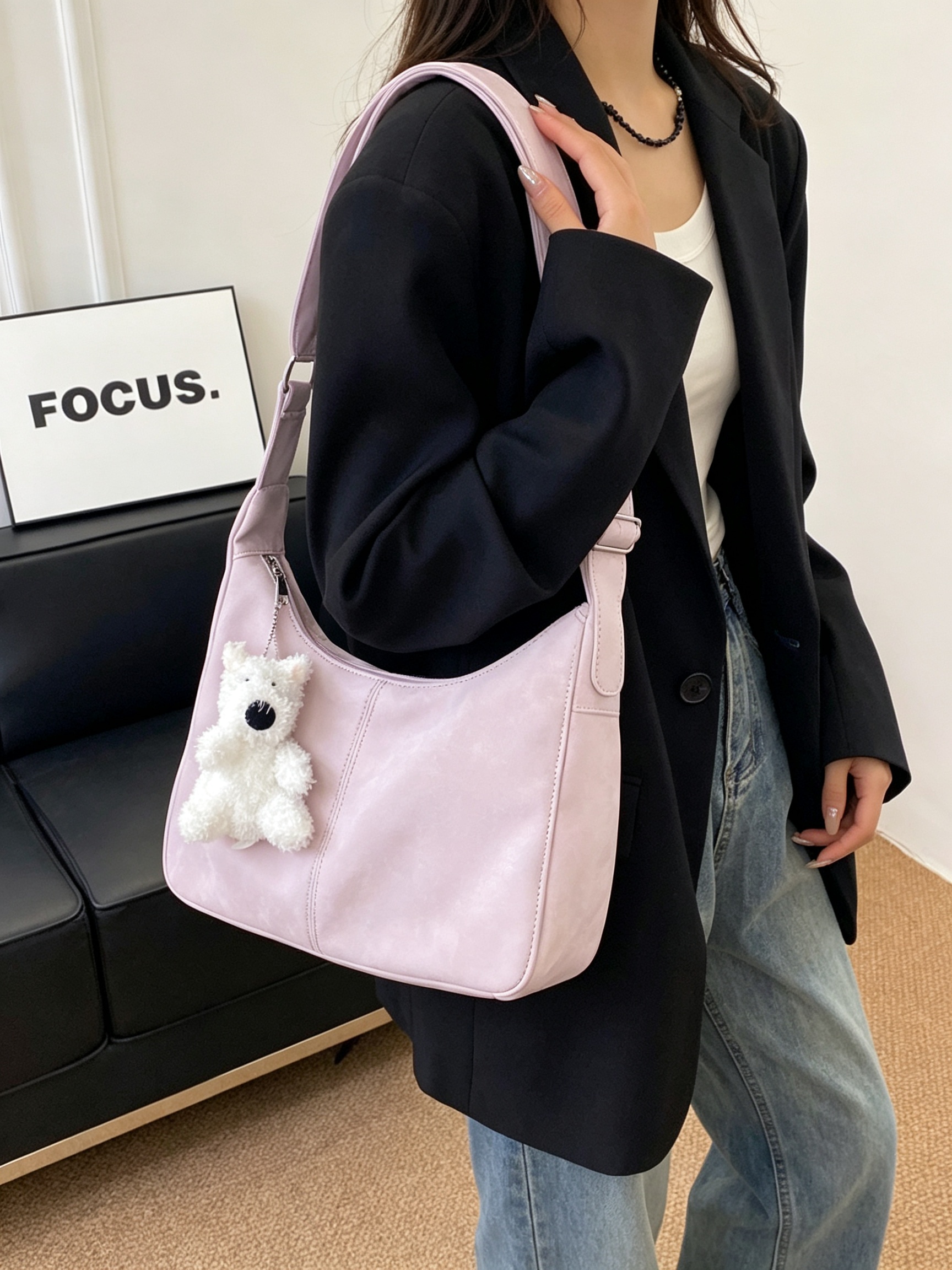 Purple Tote Shoulder Bag with Charm