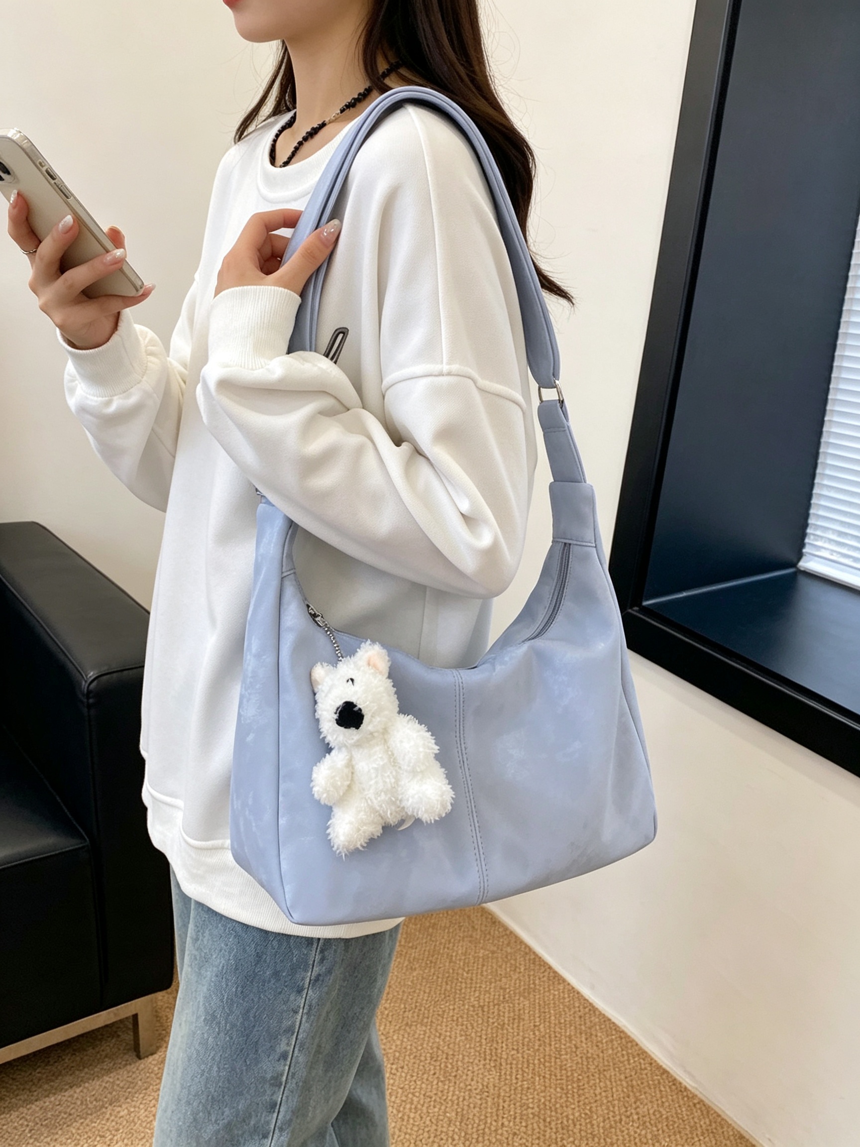 Blue Tote Shoulder Bag with Charm