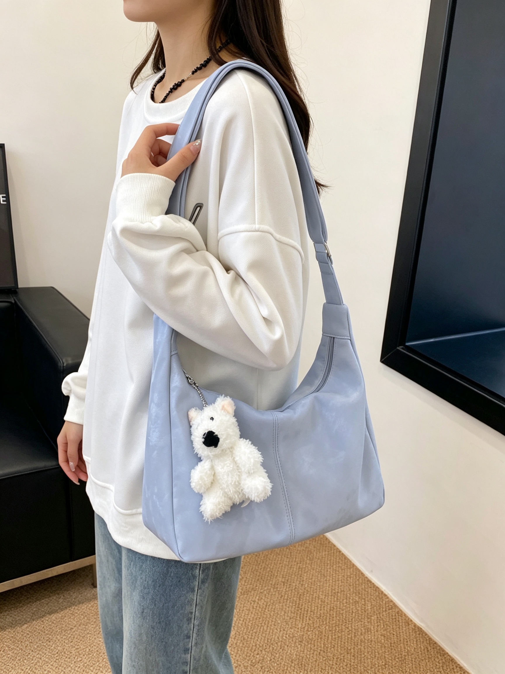 Blue Tote Shoulder Bag with Charm