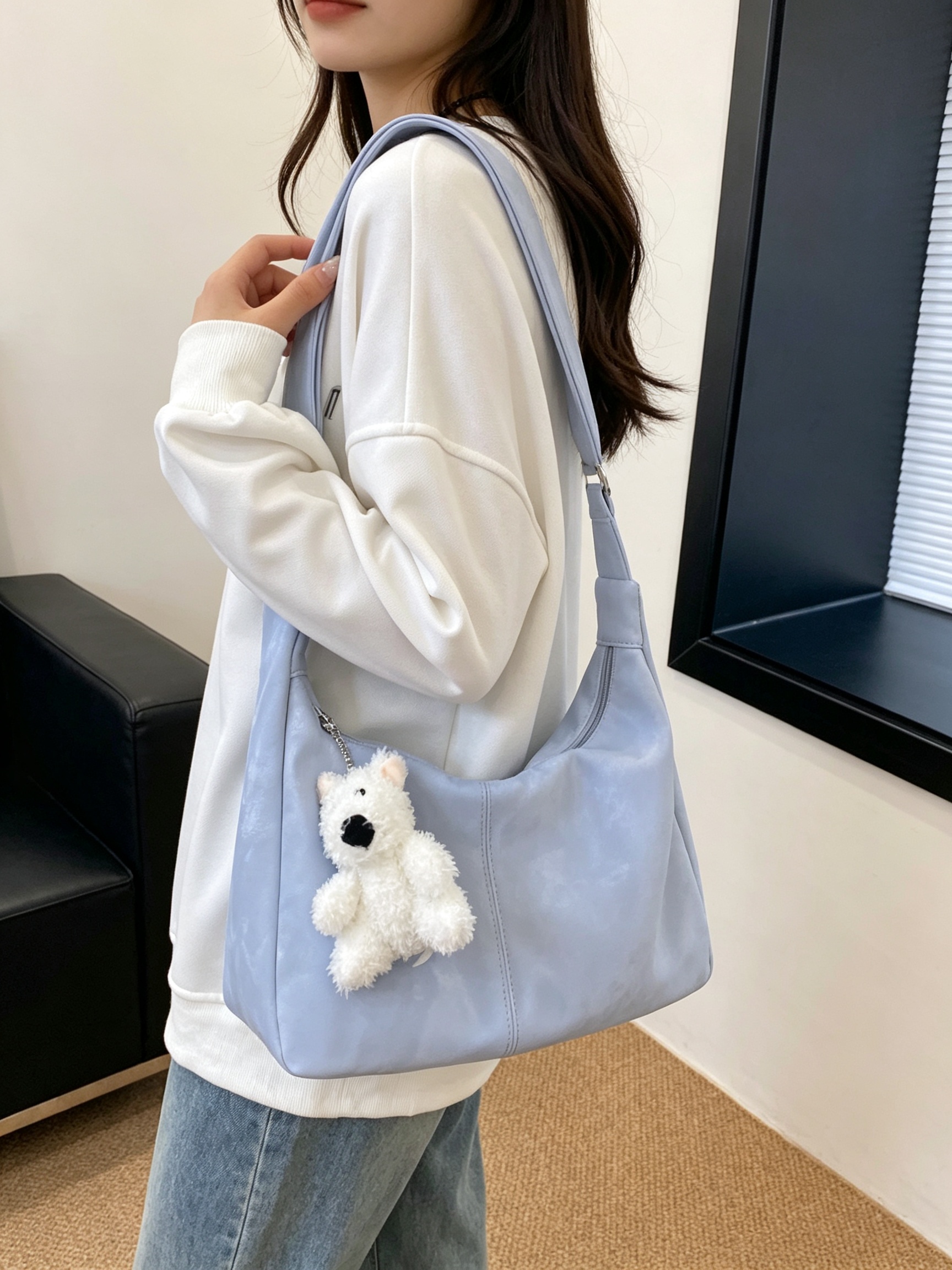 Blue Tote Shoulder Bag with Charm