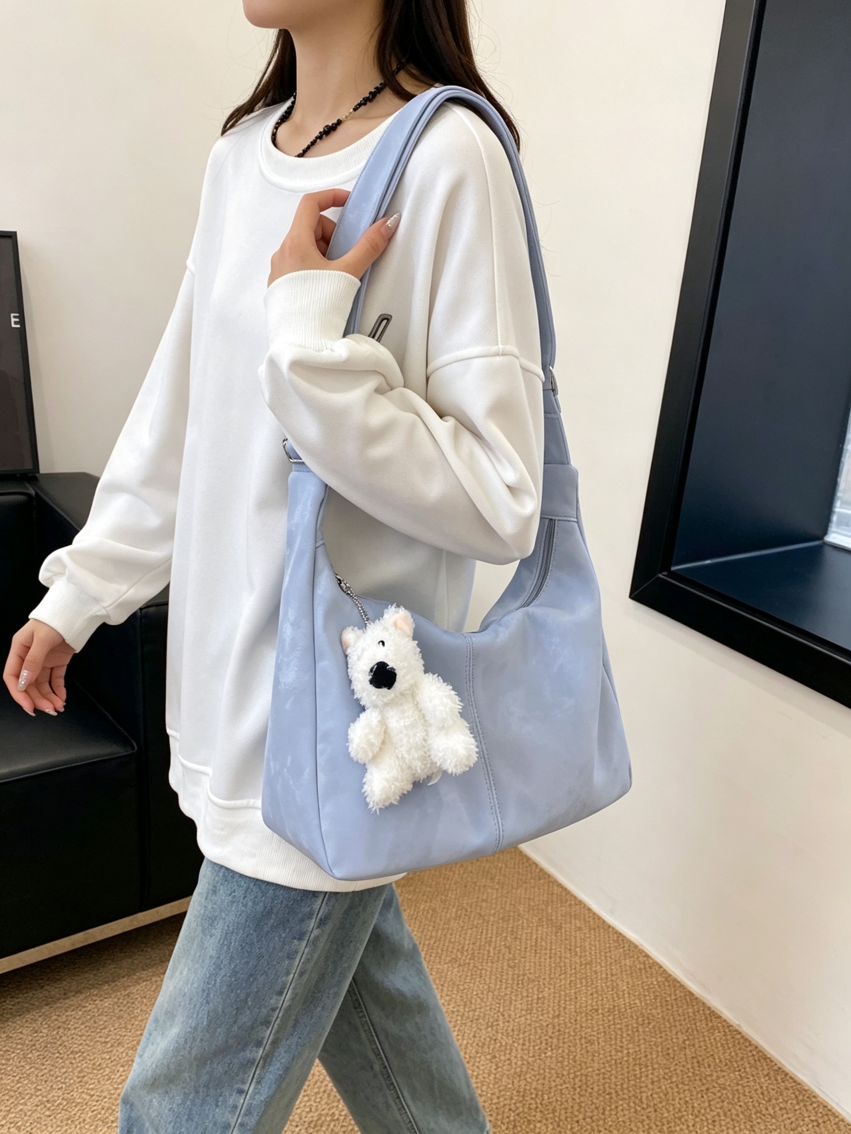 Blue Tote Shoulder Bag with Charm