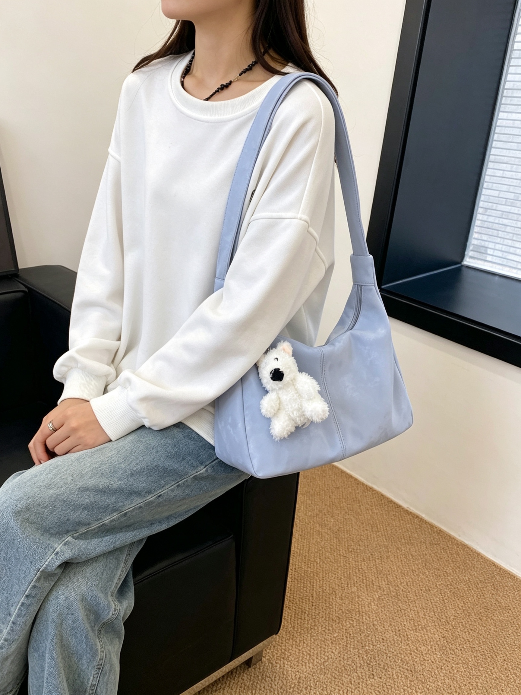 Blue Tote Shoulder Bag with Charm