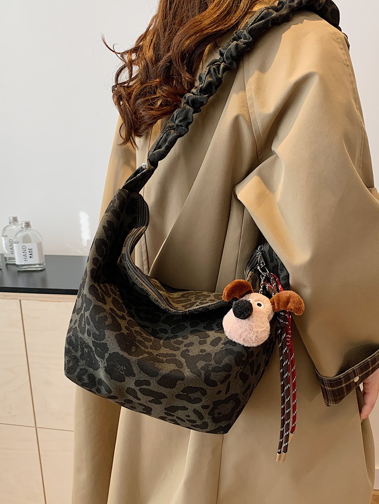 Grey Leopard Print Shoulder Bag with Plush Dog Charm
