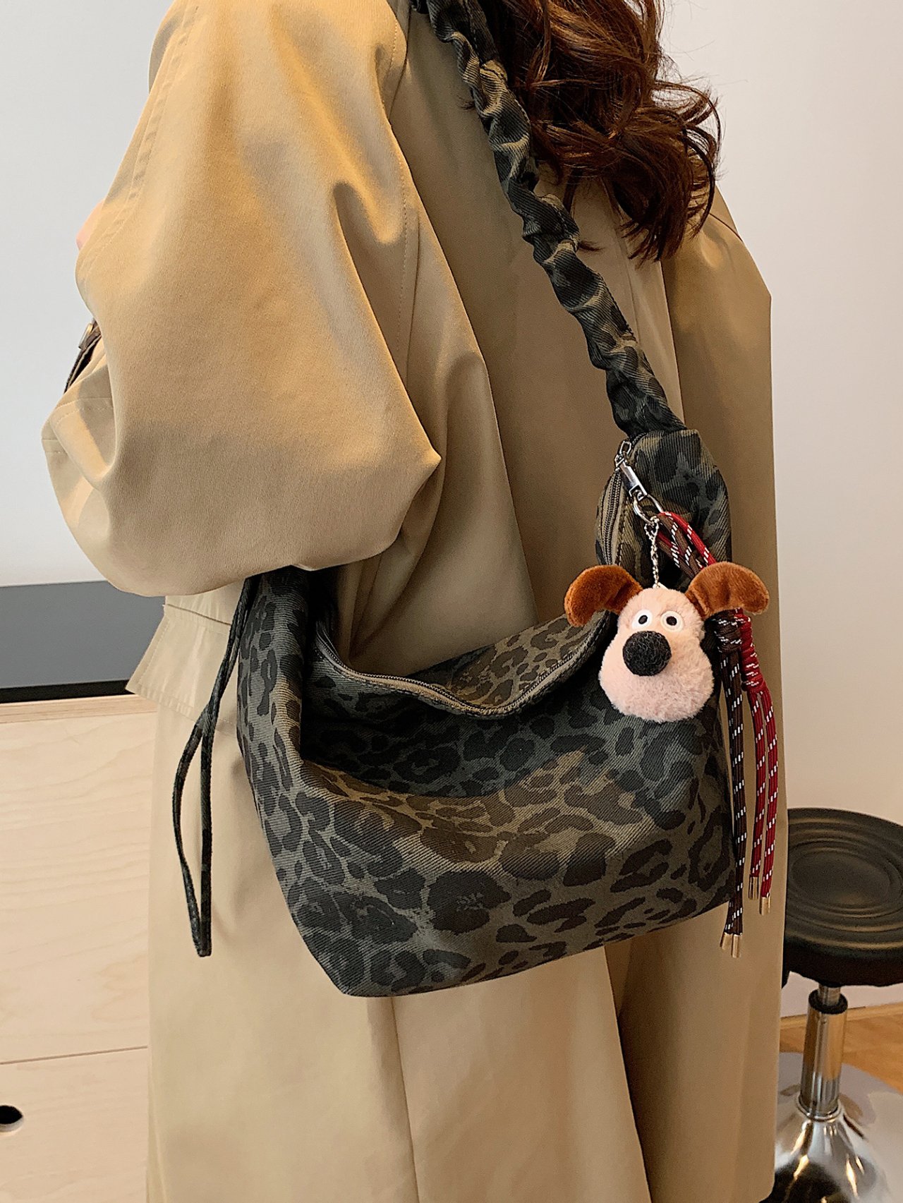 Grey Leopard Print Shoulder Bag with Plush Dog Charm