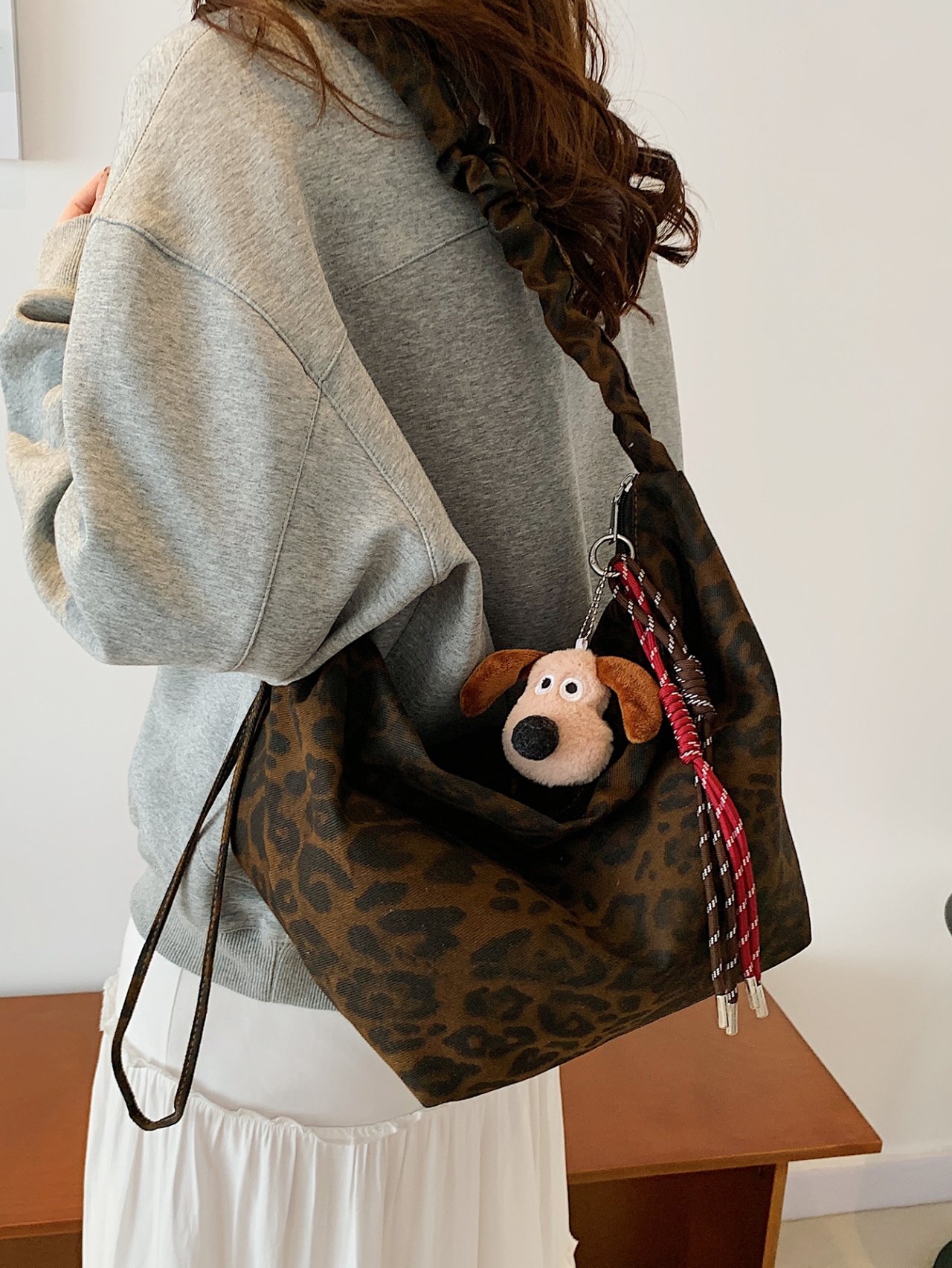 Brown Leopard Print Shoulder Bag with Charm
