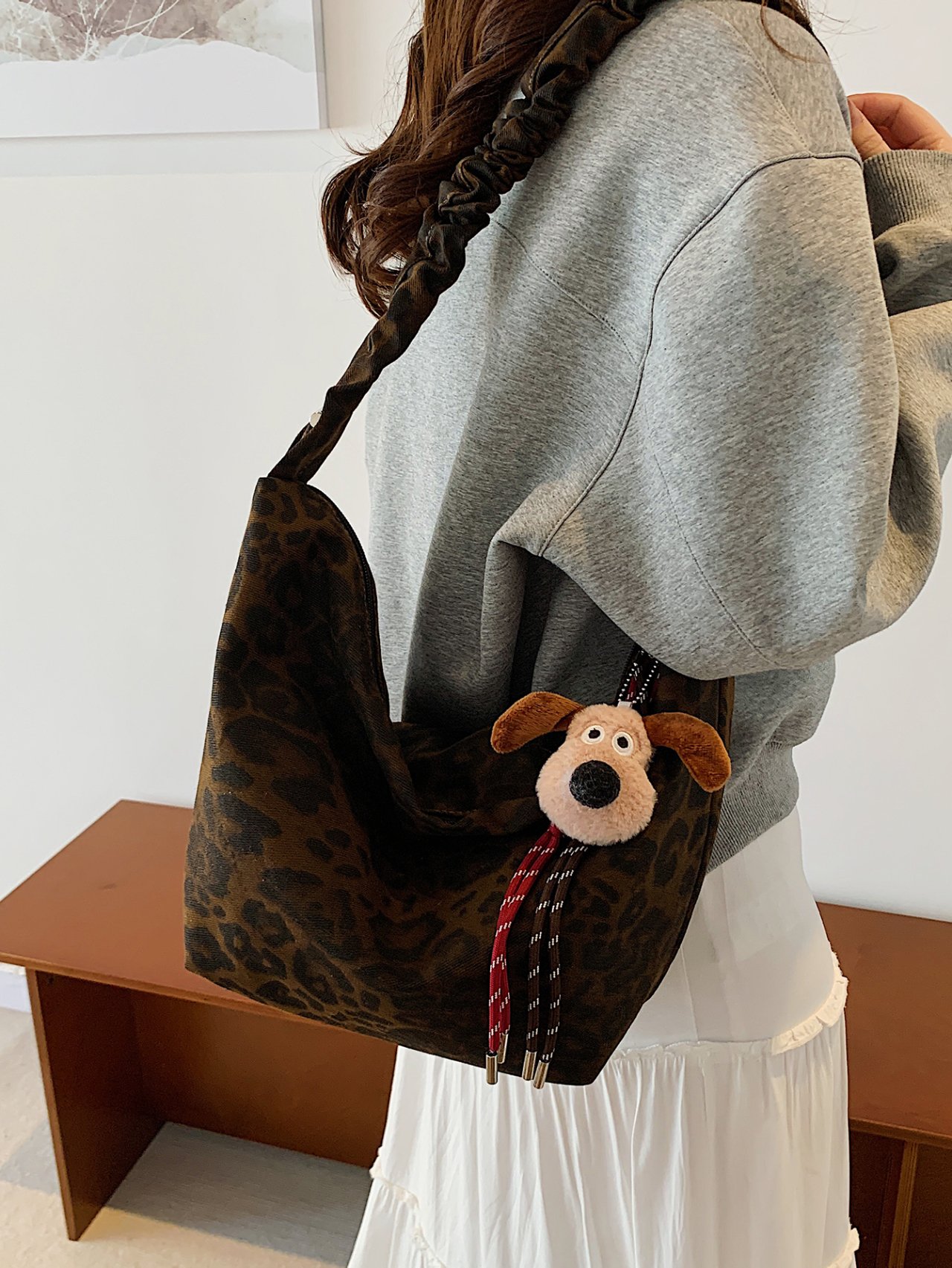 Brown Leopard Print Shoulder Bag with Charm