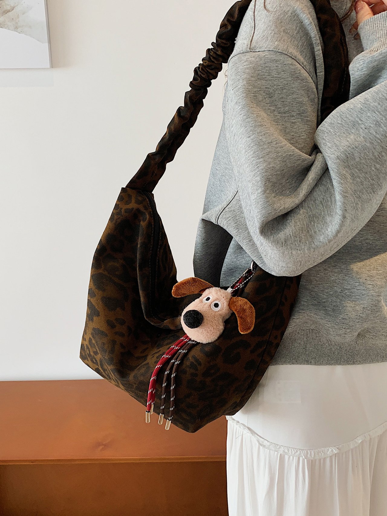 Brown Leopard Print Shoulder Bag with Charm
