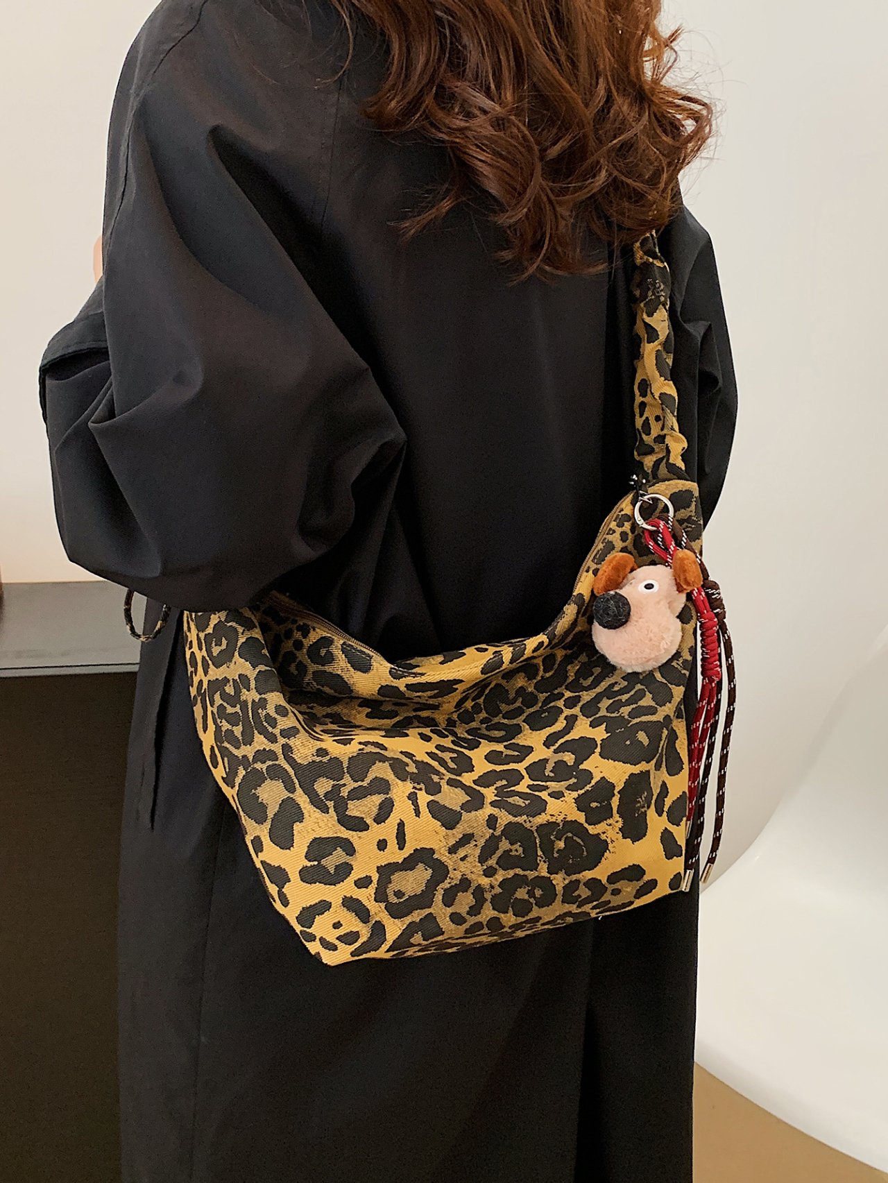 Leopard Print Shoulder Bag with Charm