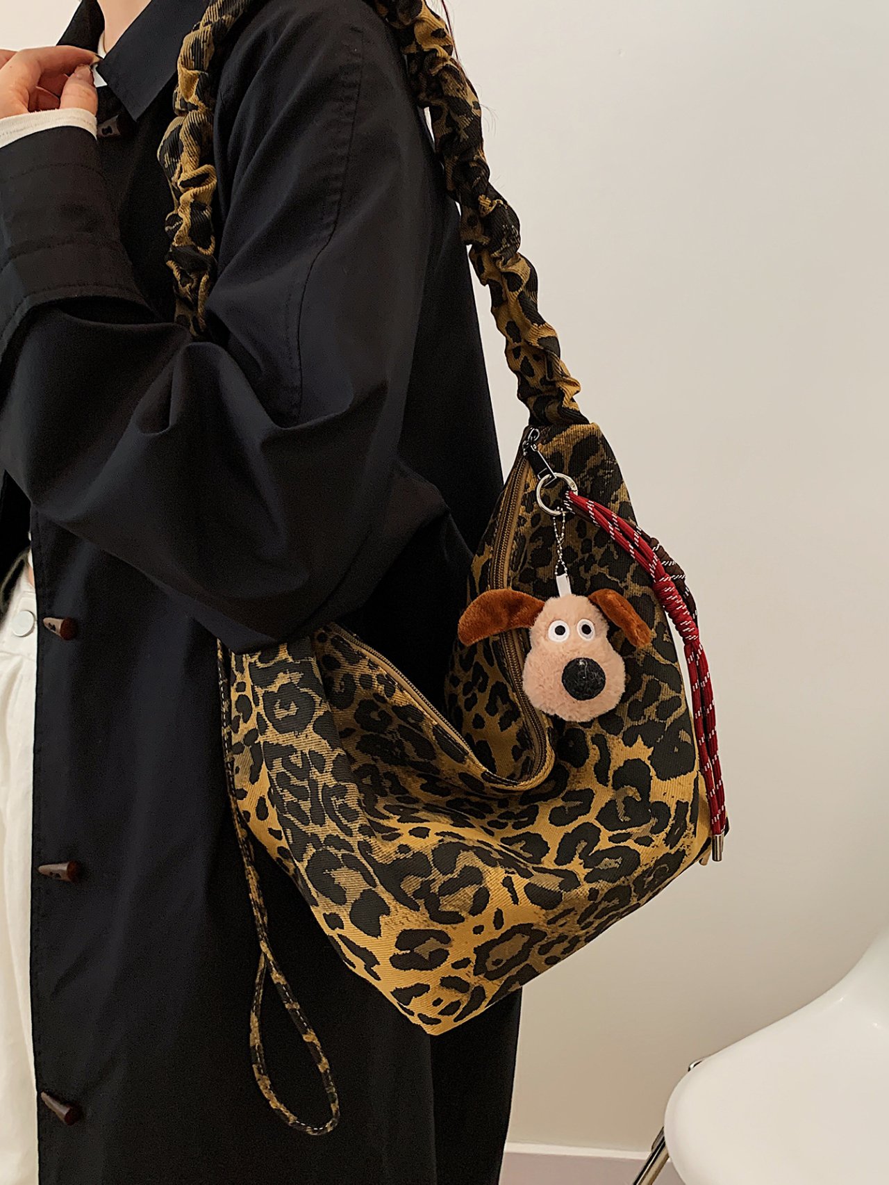 Leopard Print Shoulder Bag with Charm