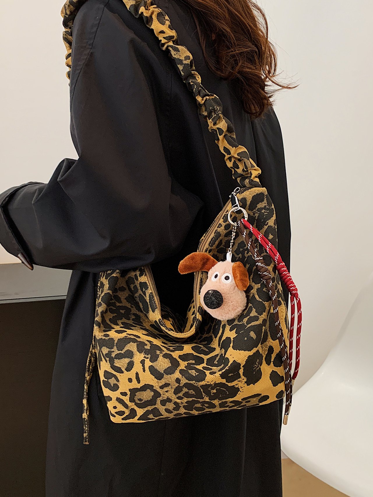 Leopard Print Shoulder Bag with Charm
