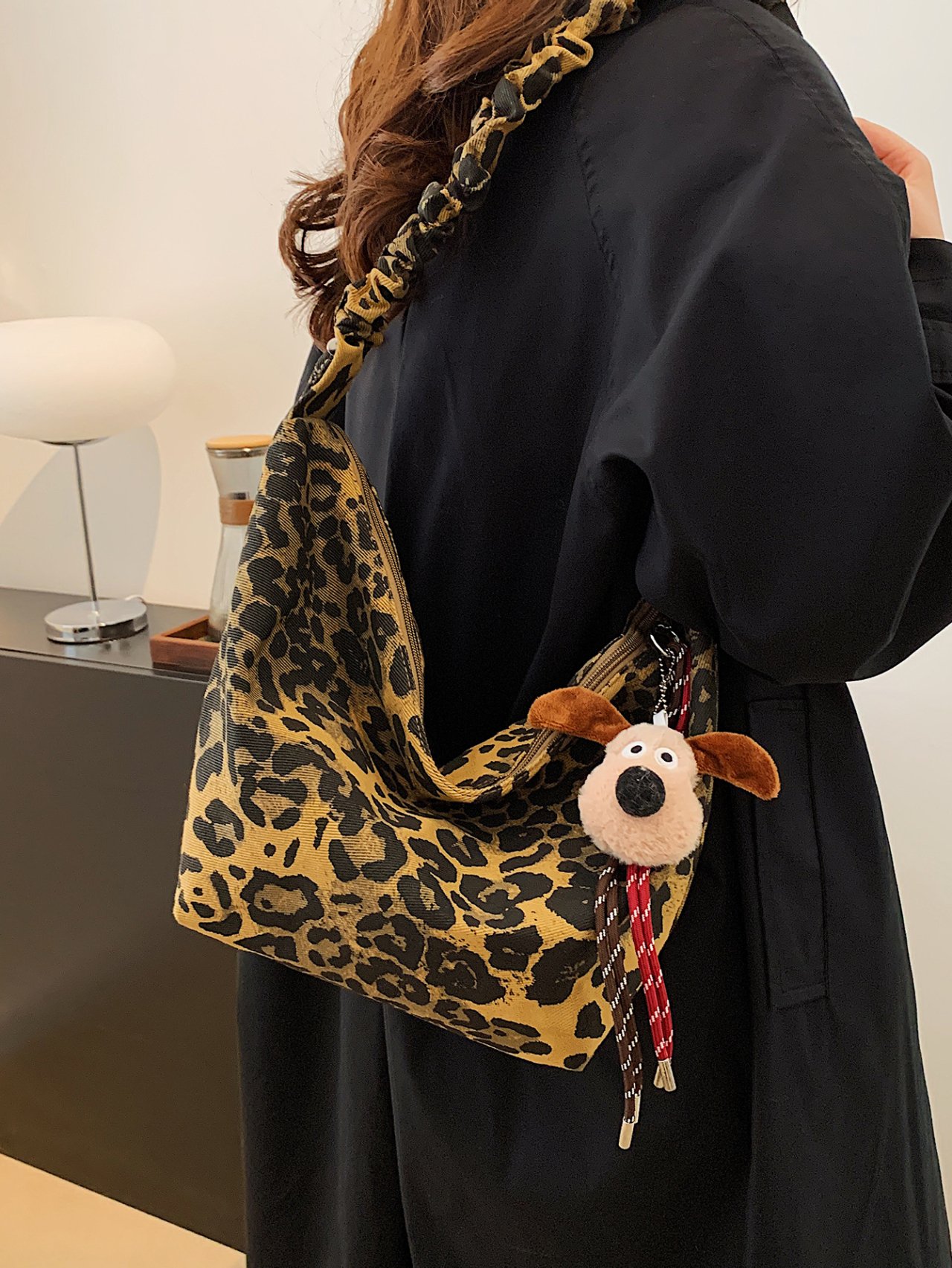 Leopard Print Shoulder Bag with Charm
