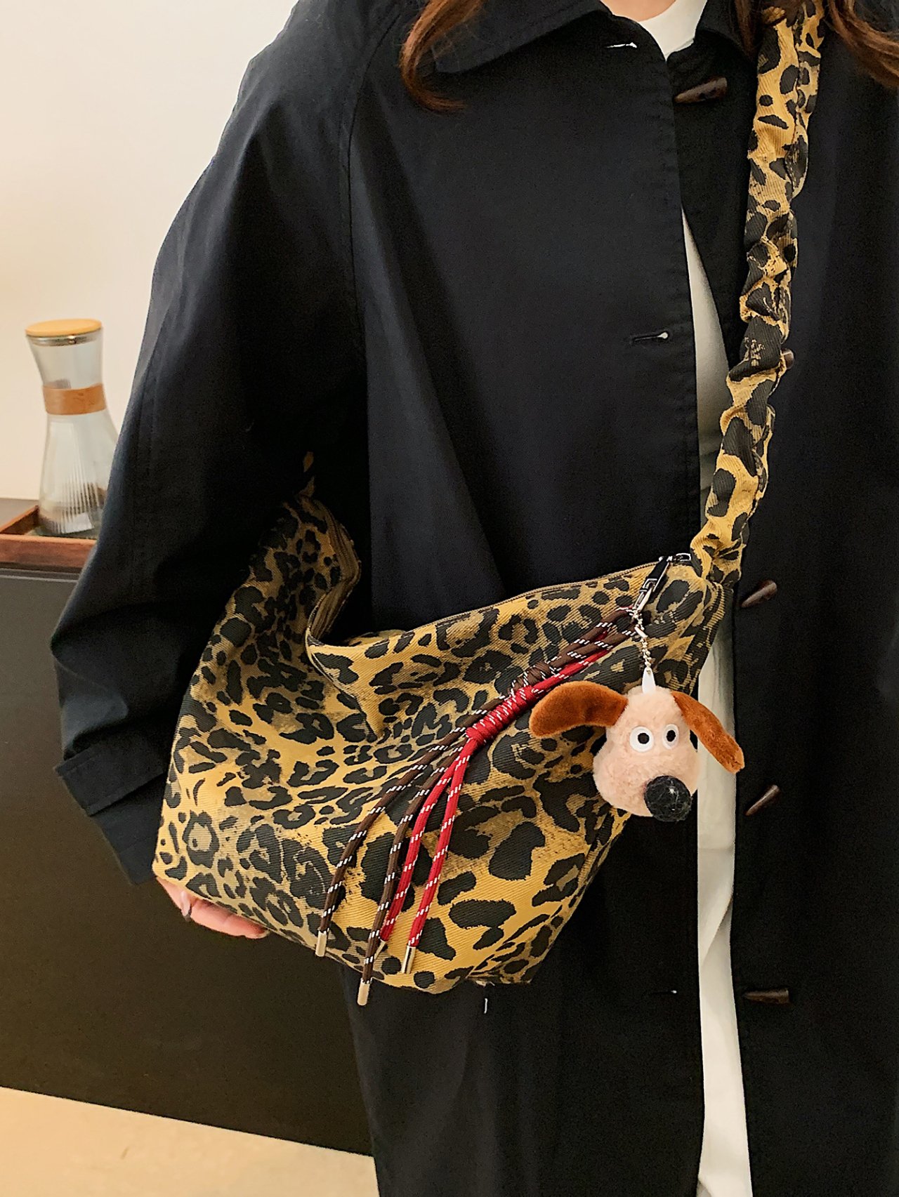 Leopard Print Shoulder Bag with Charm