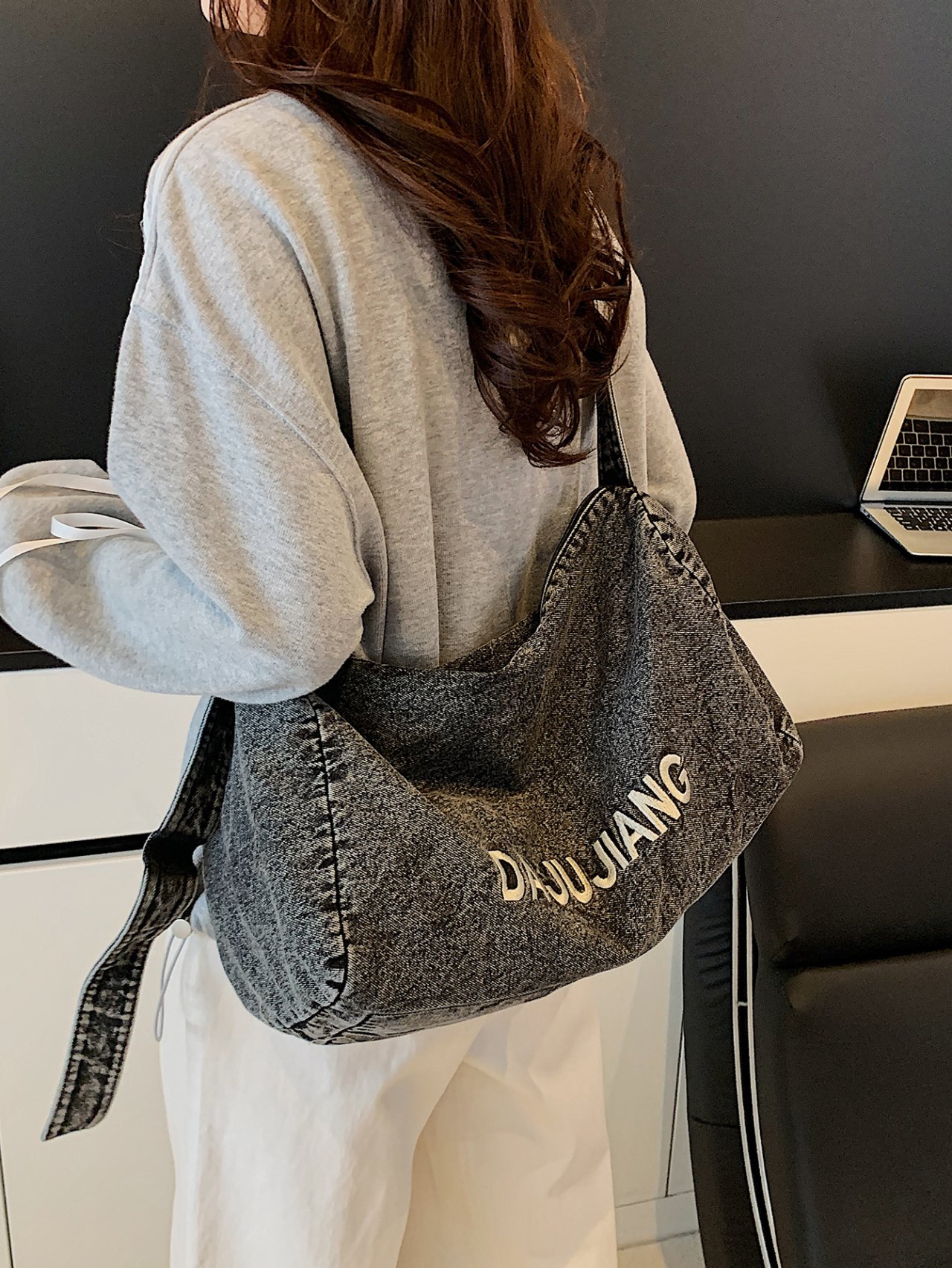 Grey Denim Tote Shoulder Bag