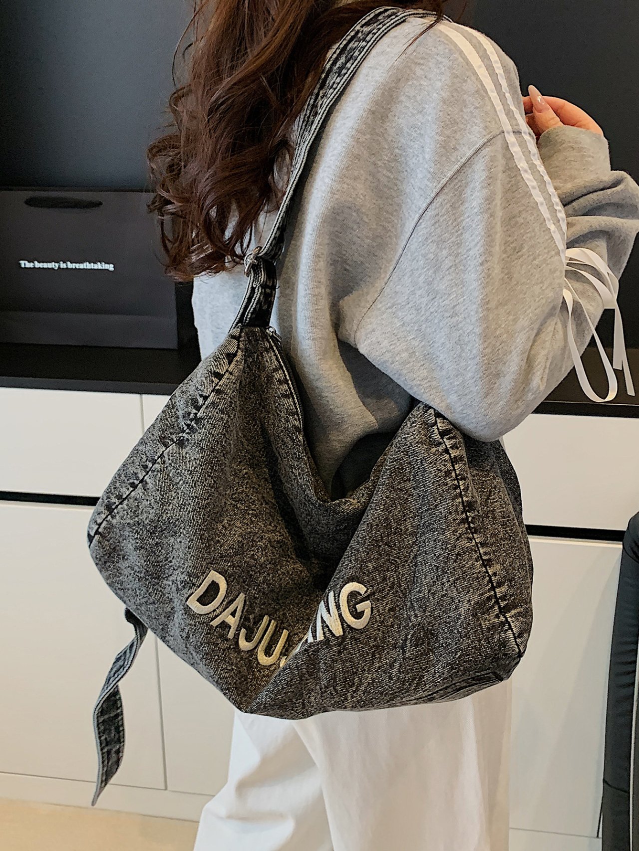 Grey Denim Tote Shoulder Bag