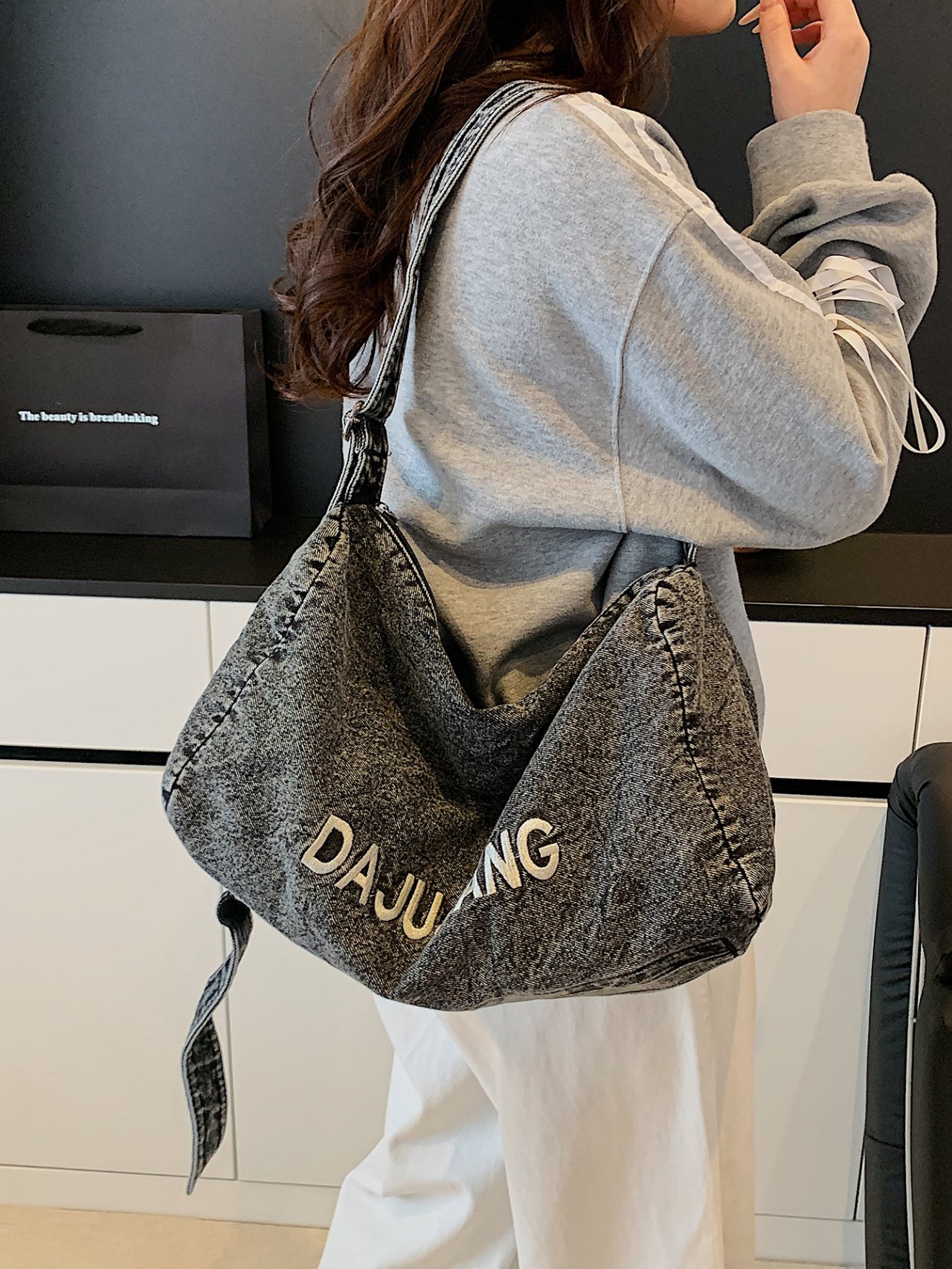 Grey Denim Tote Shoulder Bag