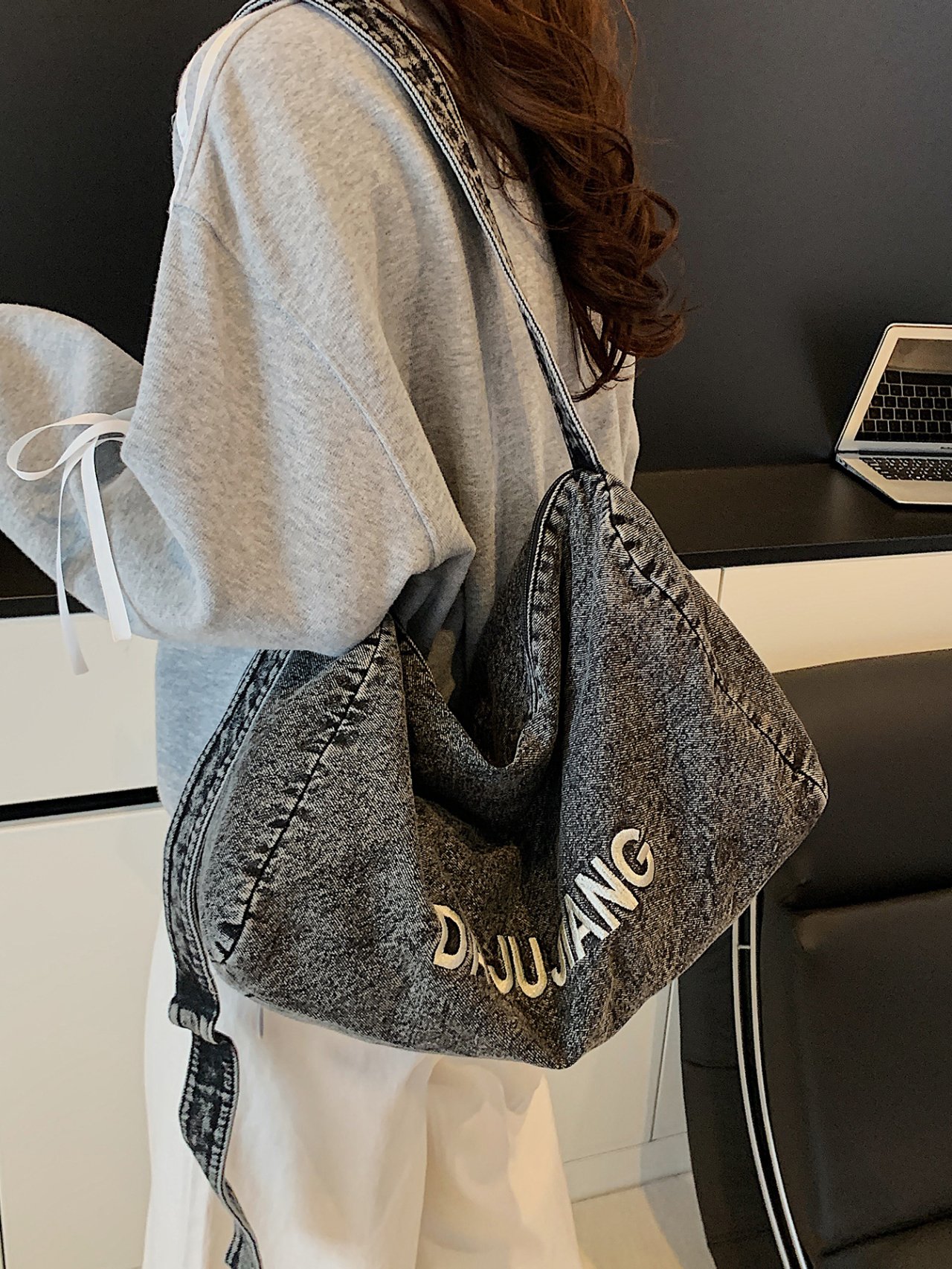 Grey Denim Tote Shoulder Bag