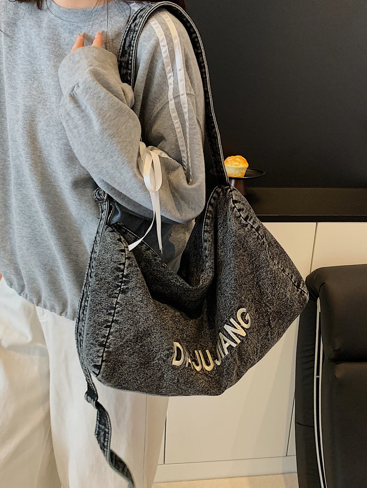Grey Denim Tote Shoulder Bag