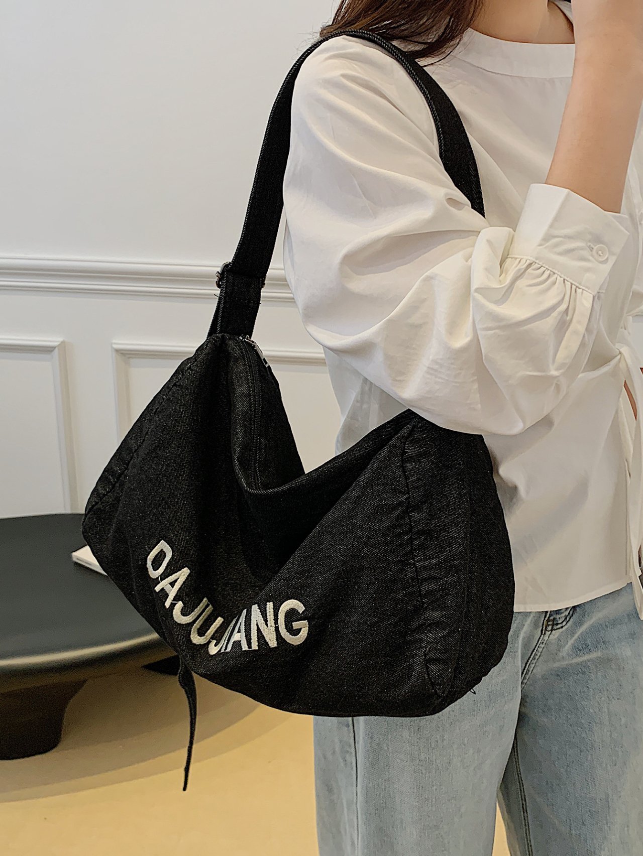 Black Denim Tote Shoulder Bag