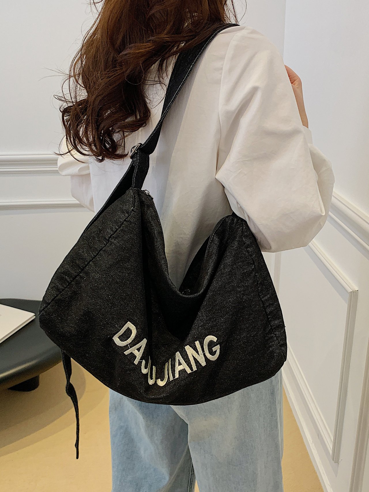 Black Denim Tote Shoulder Bag