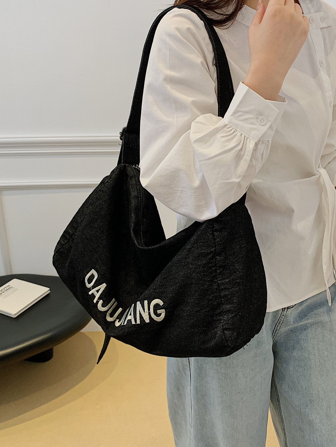 Black Denim Tote Shoulder Bag