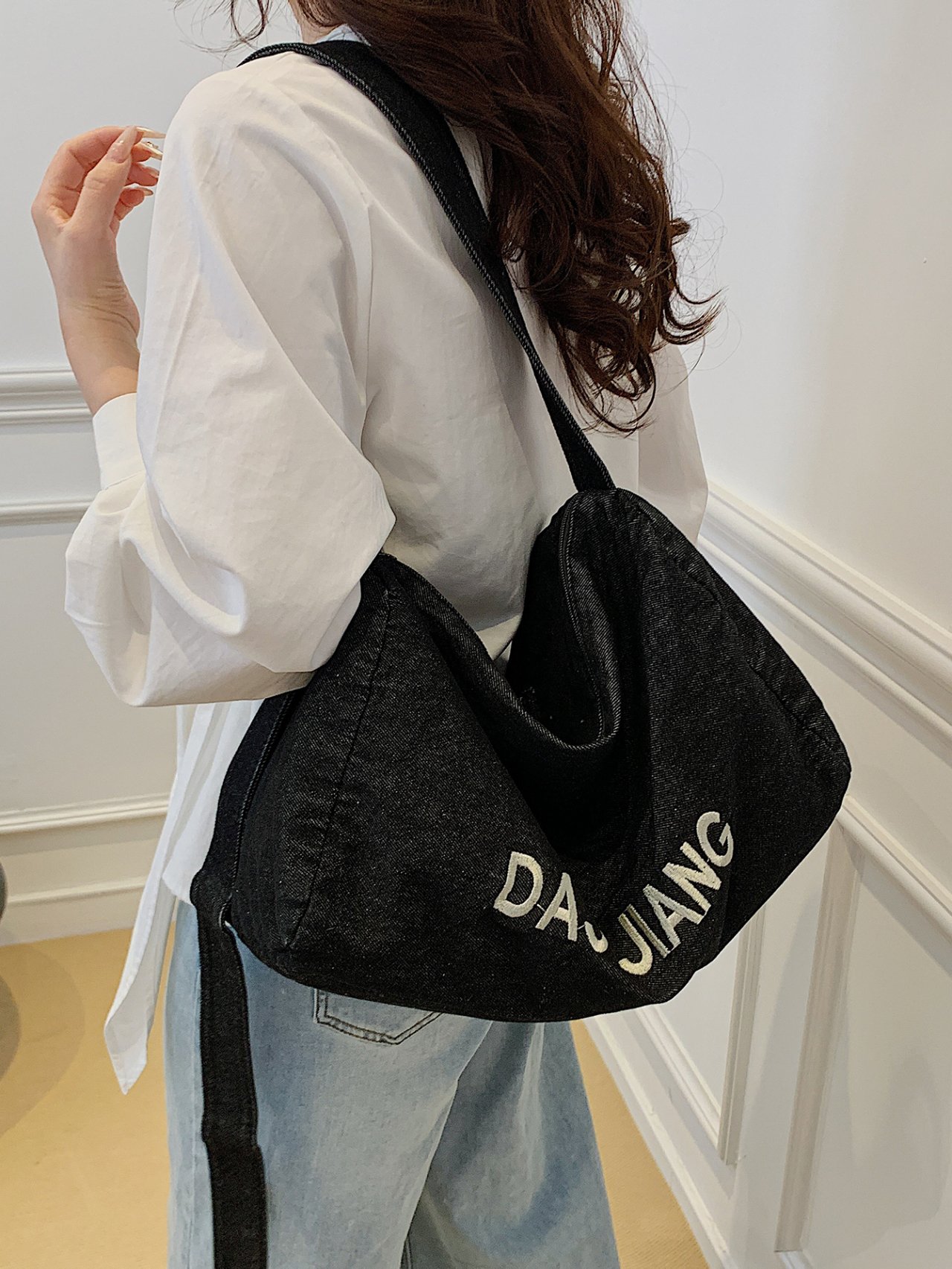 Black Denim Tote Shoulder Bag