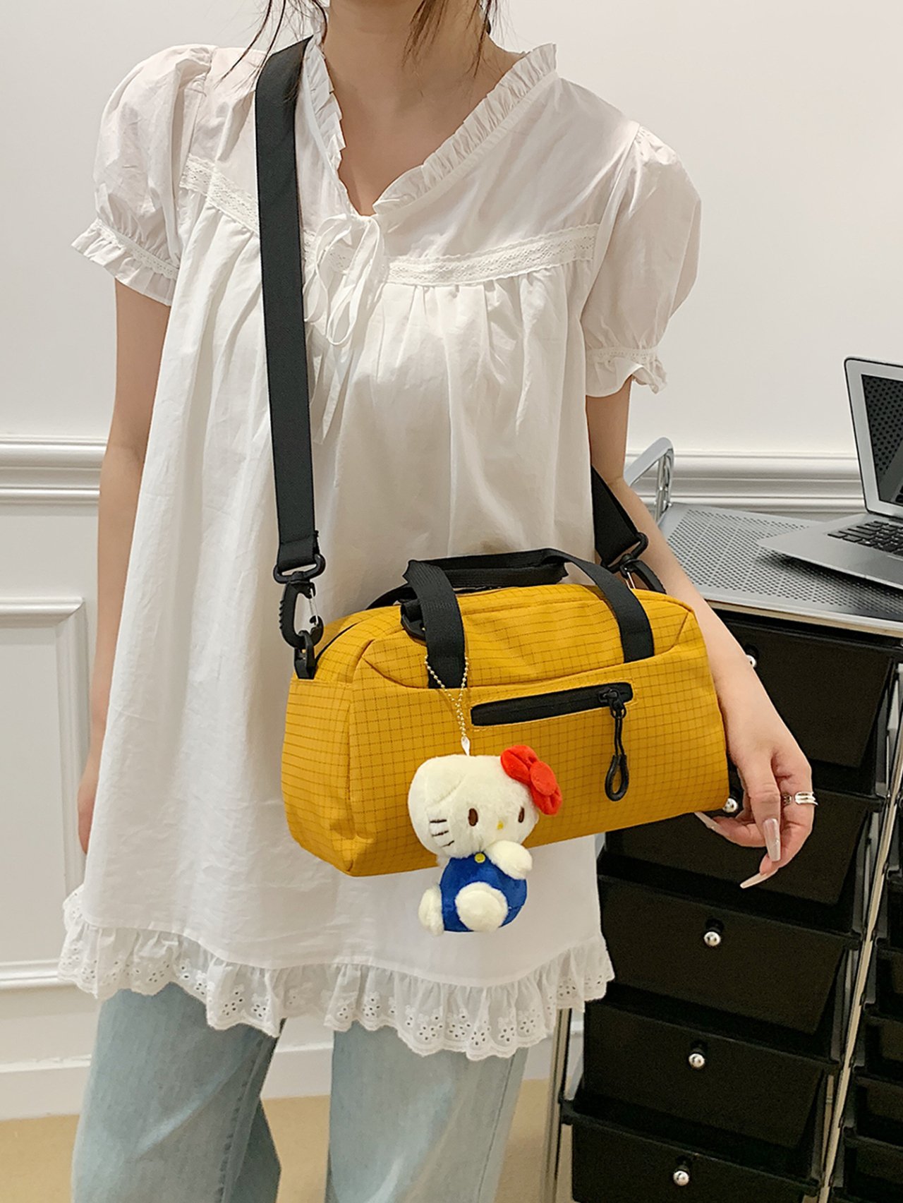 Yellow Grid Tote Crossbody Bag