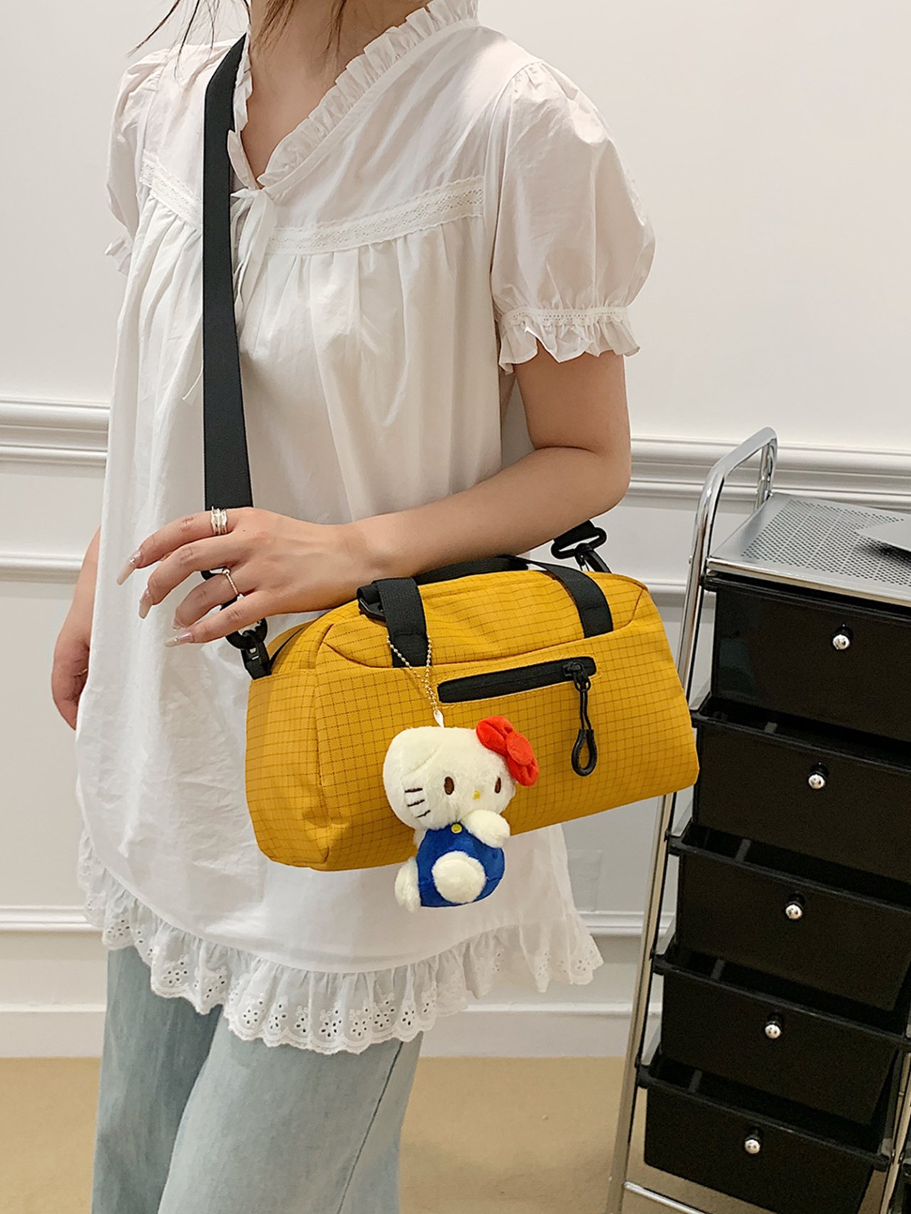 Yellow Grid Tote Crossbody Bag