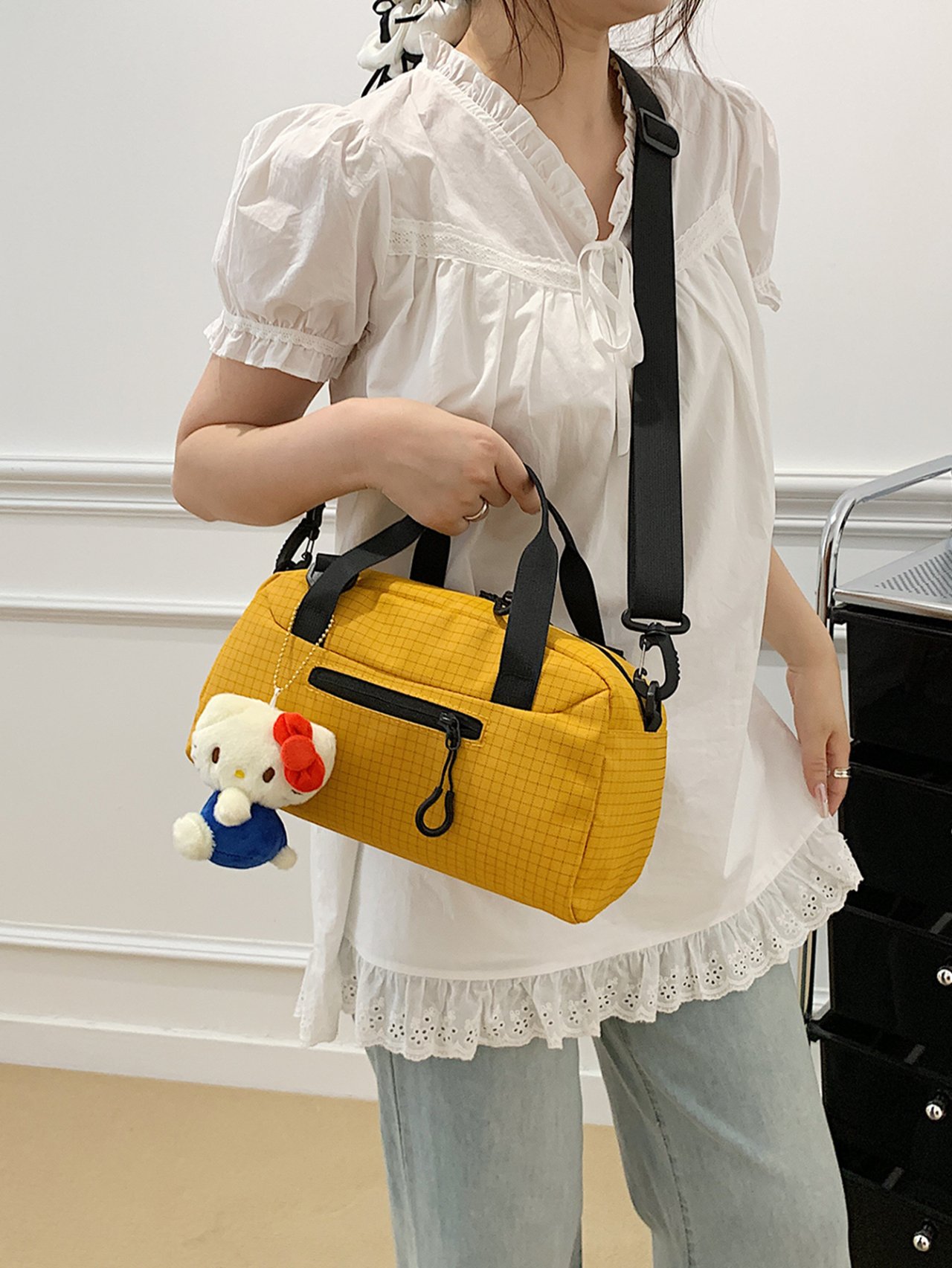 Yellow Grid Tote Crossbody Bag