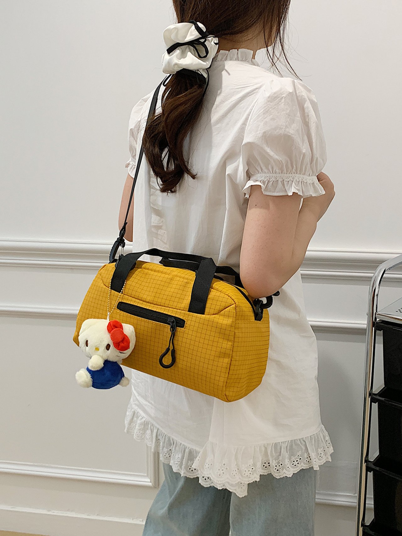 Yellow Grid Tote Crossbody Bag