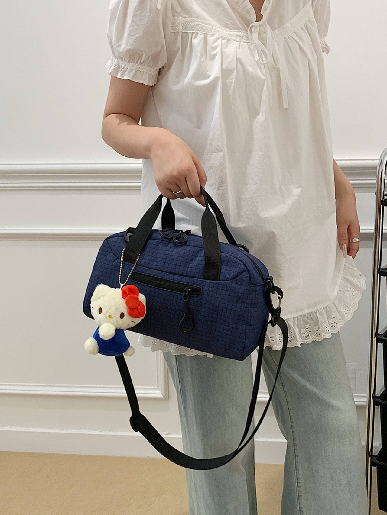 Navy Blue Grid Tote Crossbody Bag
