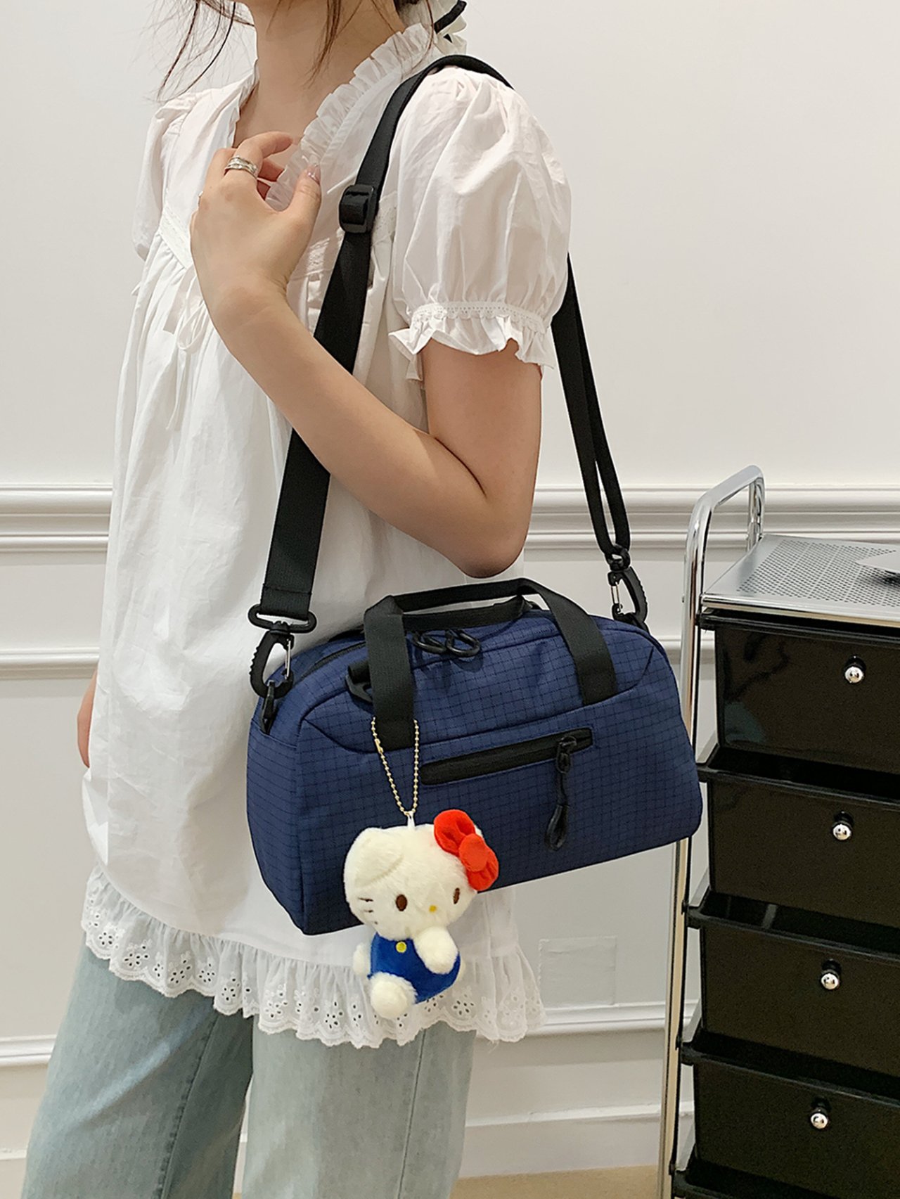 Navy Blue Grid Tote Crossbody Bag