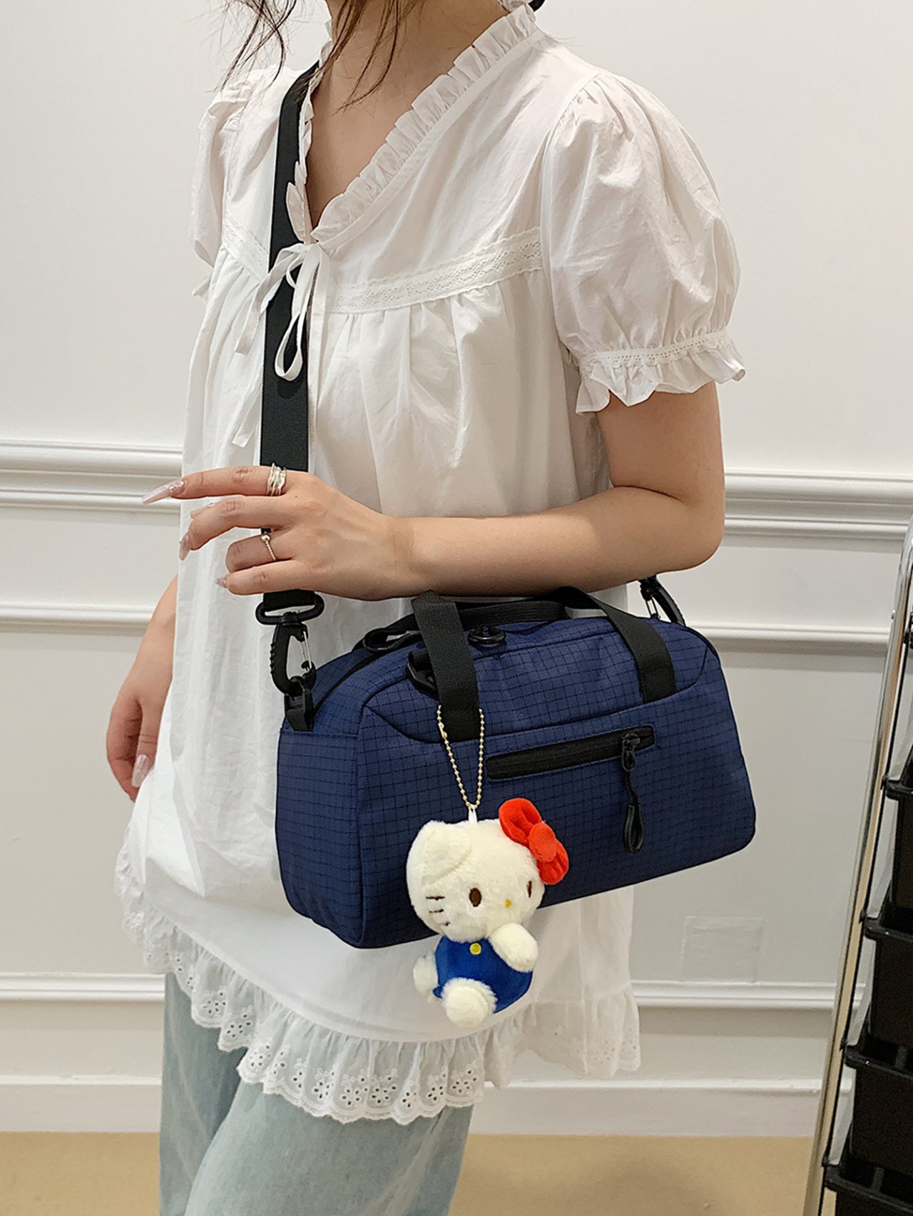 Navy Blue Grid Tote Crossbody Bag