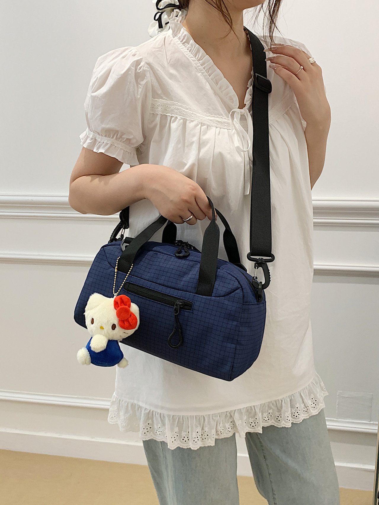 Navy Blue Grid Tote Crossbody Bag