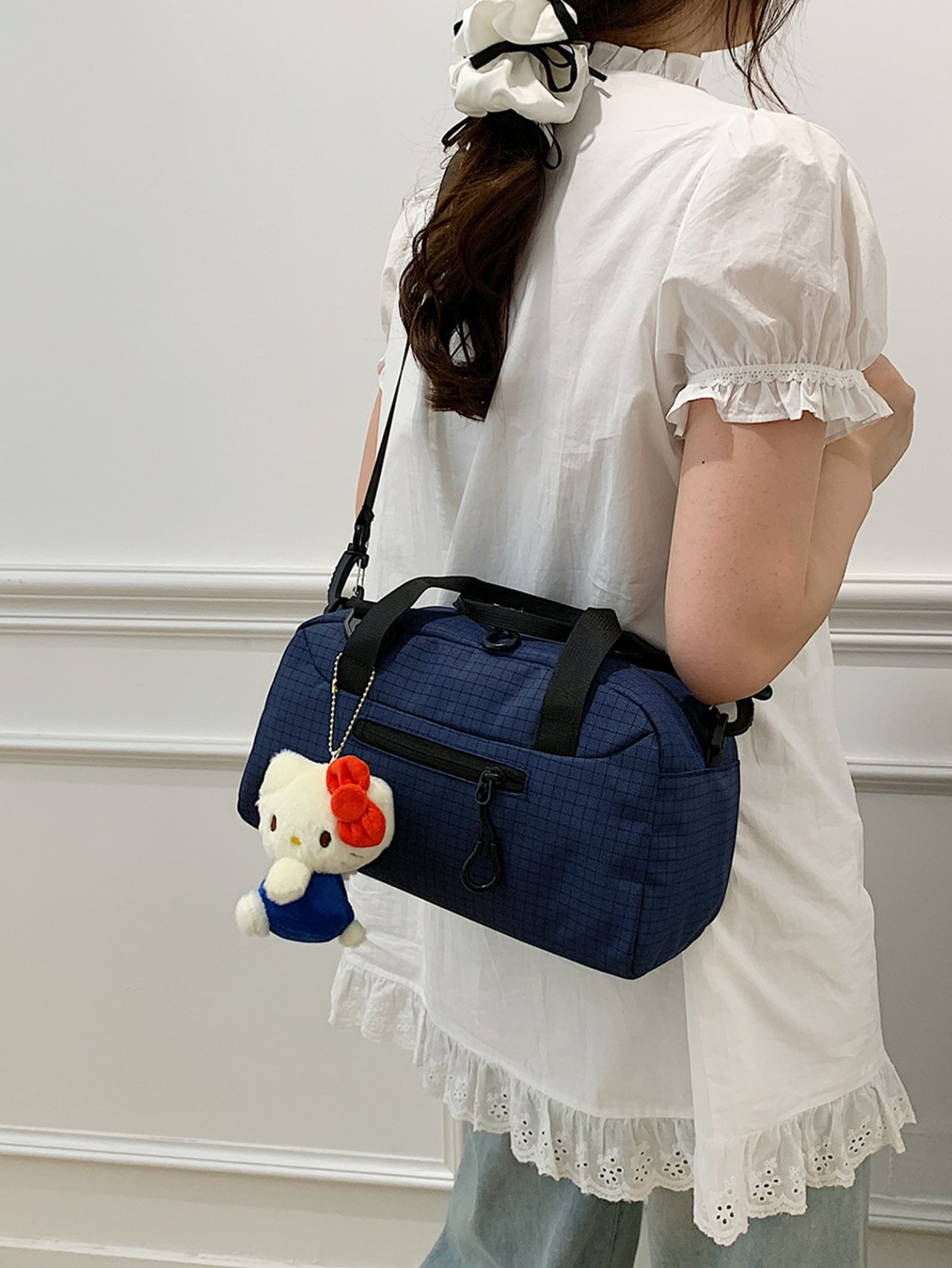 Navy Blue Grid Tote Crossbody Bag