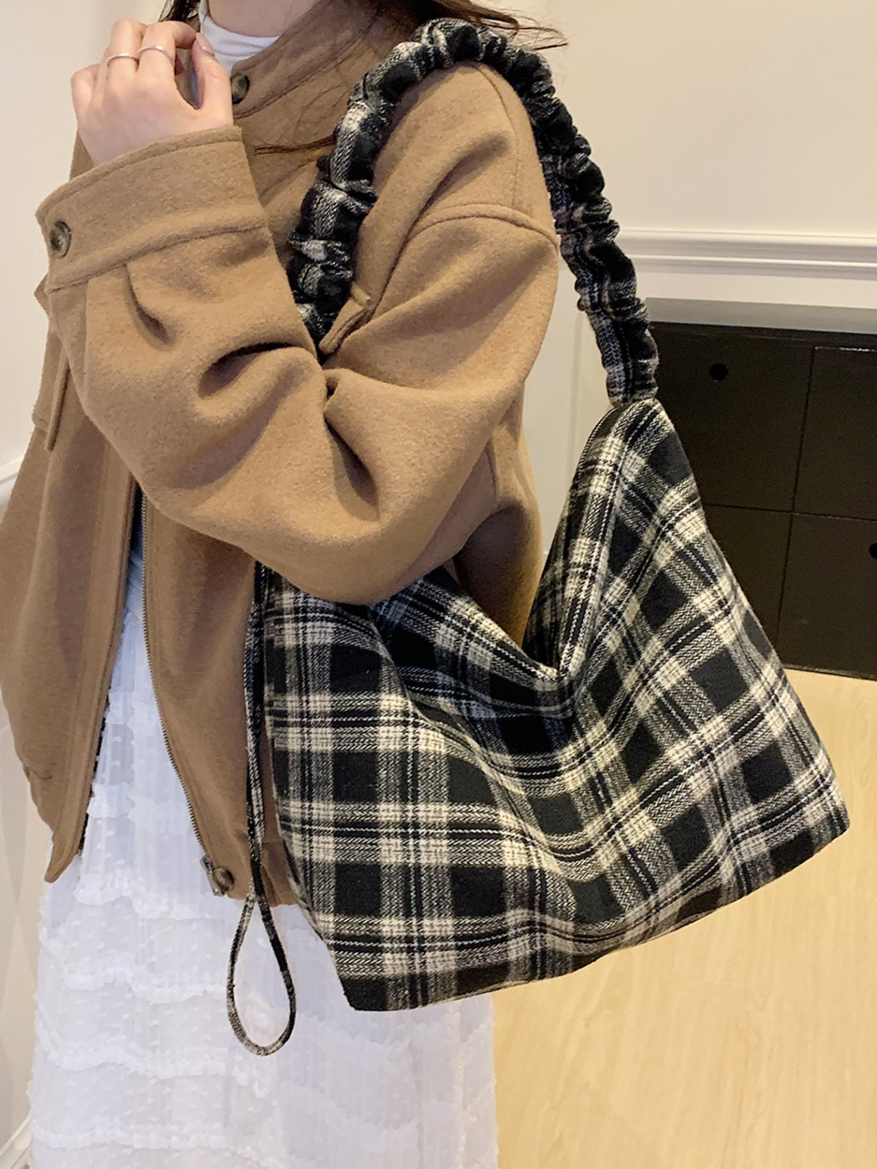 Black Plaid Shoulder Bag