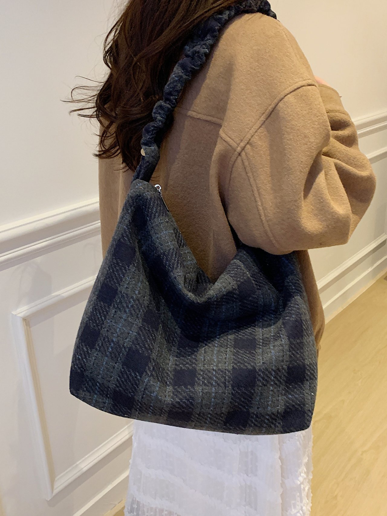 Dark Blue Plaid Shoulder Bag
