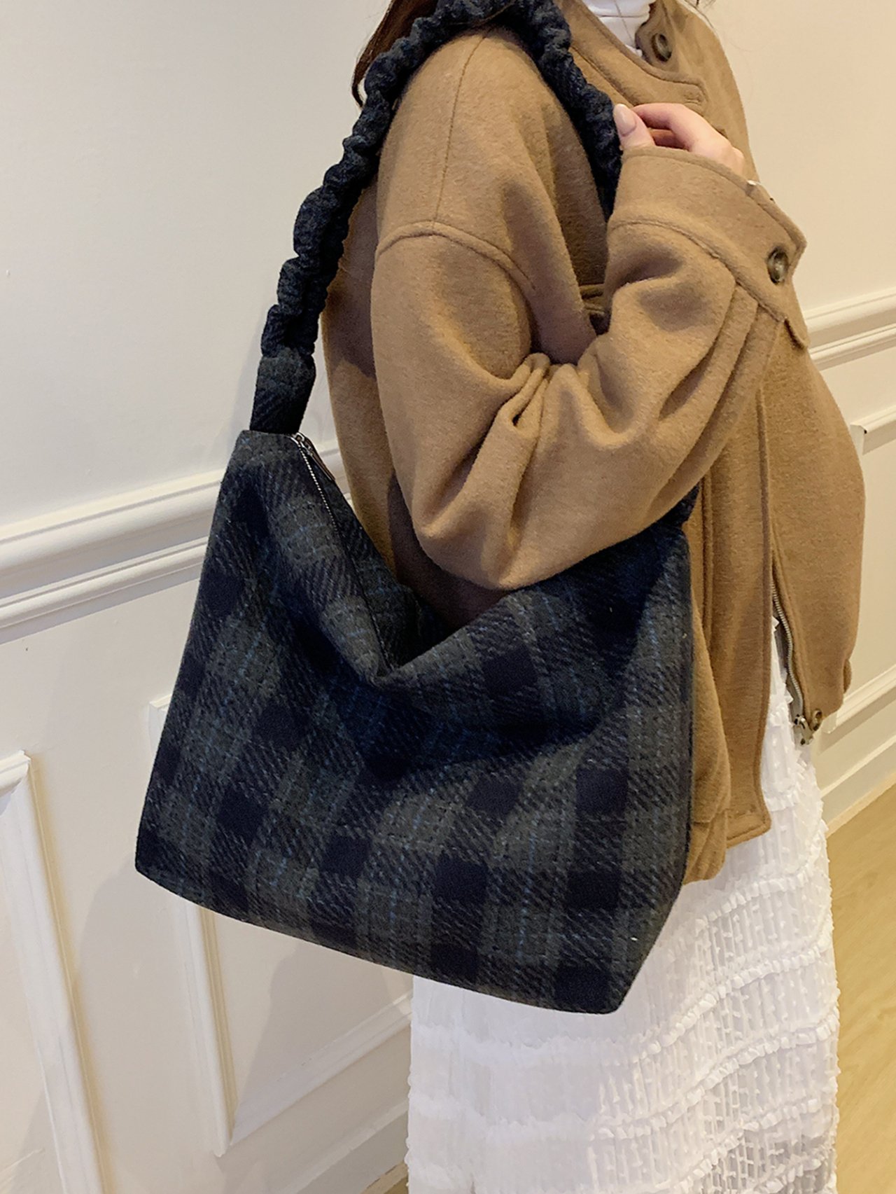 Dark Blue Plaid Shoulder Bag