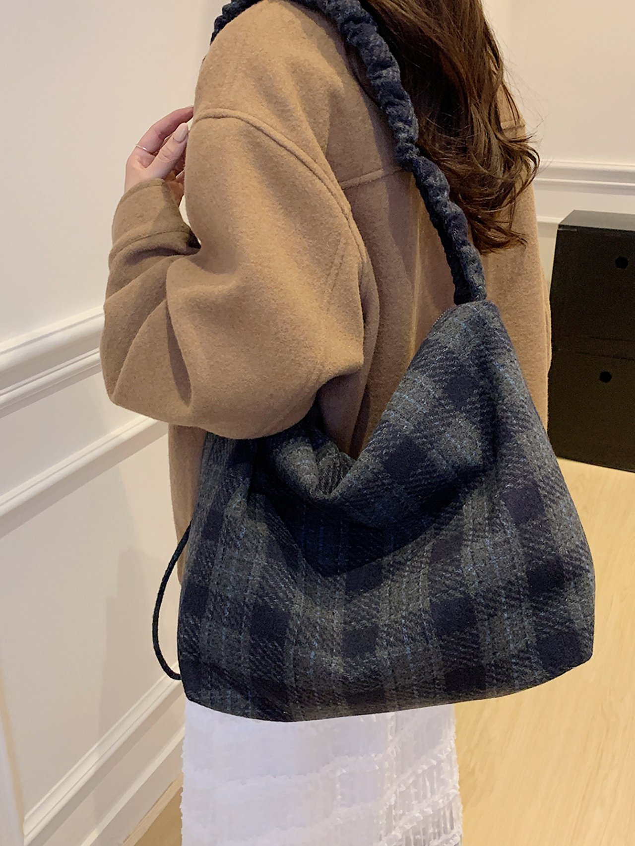 Dark Blue Plaid Shoulder Bag
