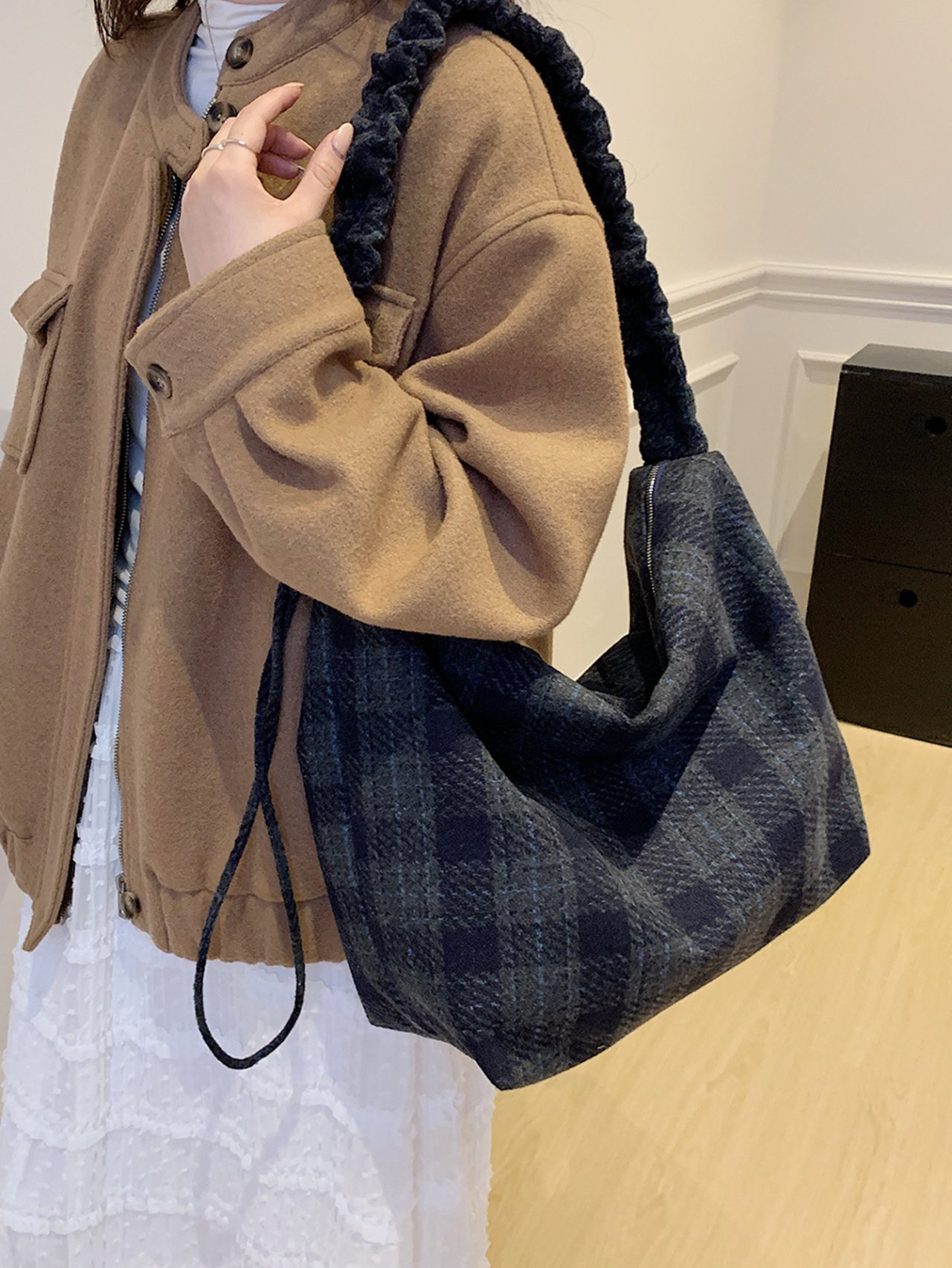 Dark Blue Plaid Shoulder Bag