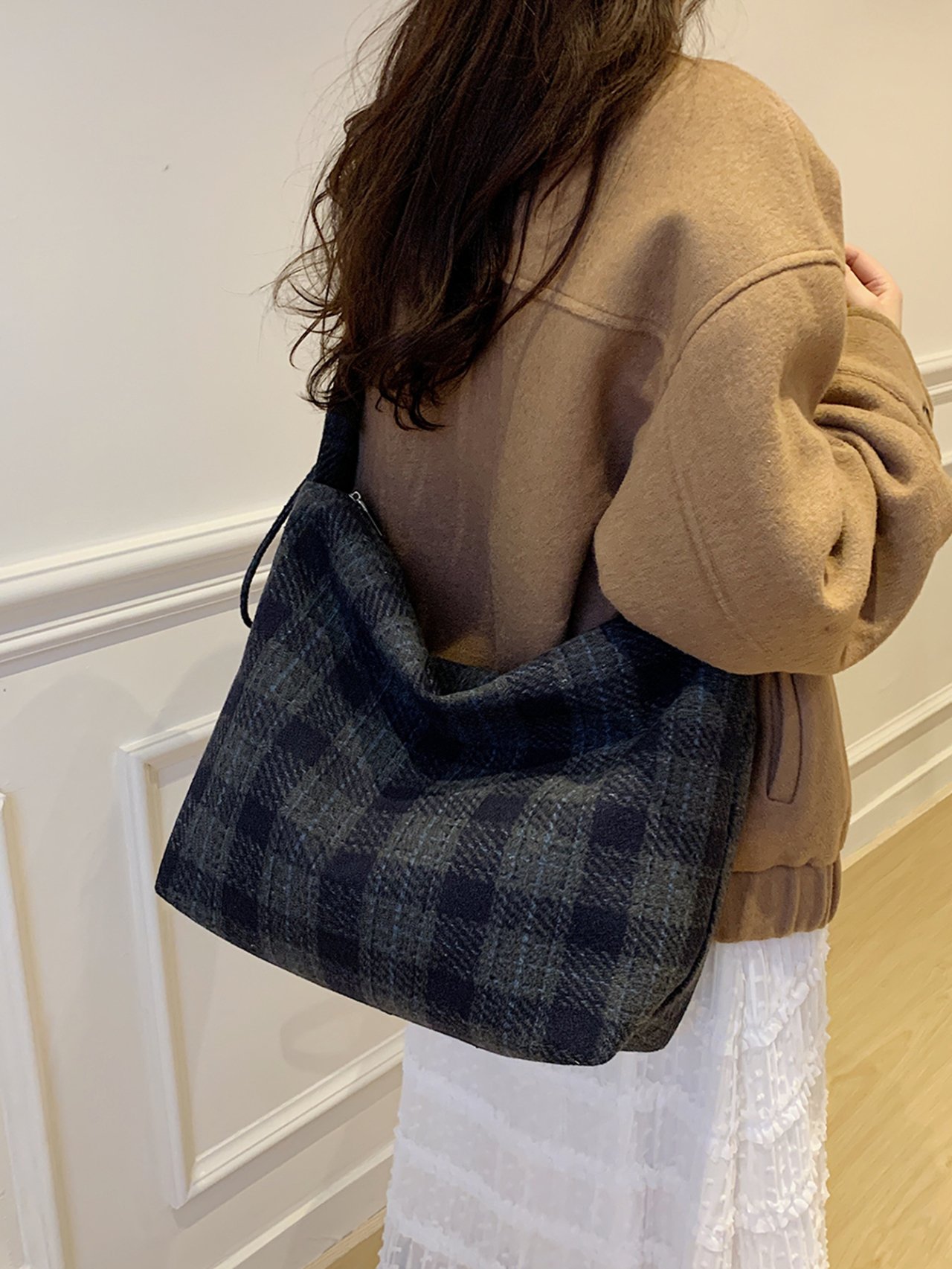 Dark Blue Plaid Shoulder Bag