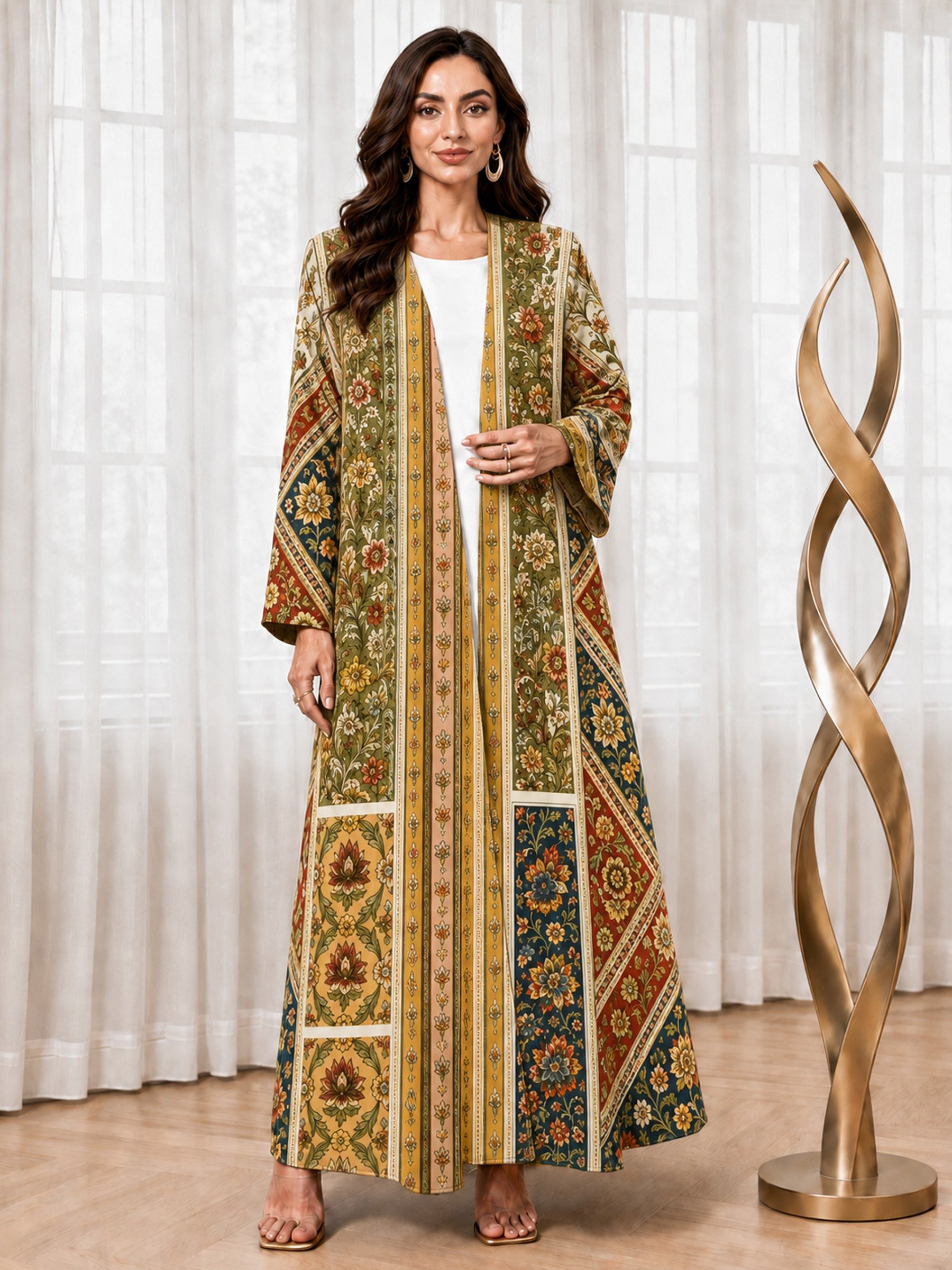 Multi-Color All Over Floral Print Open Front Abaya