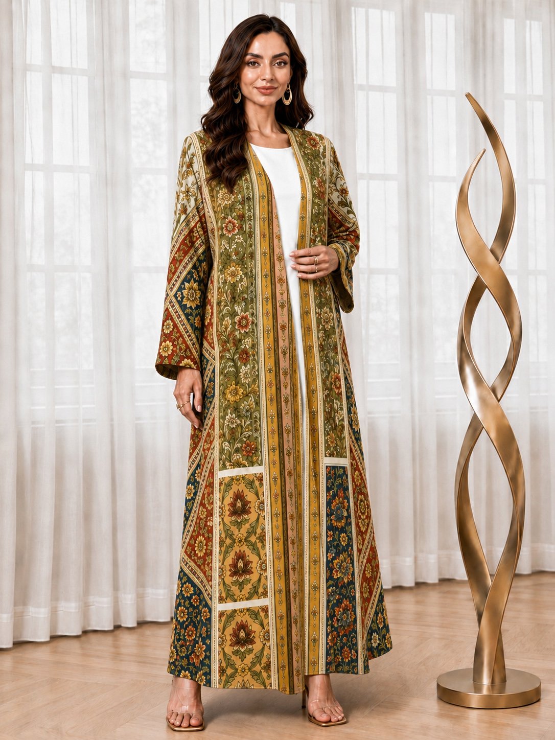 Multi-Color All Over Floral Print Open Front Abaya