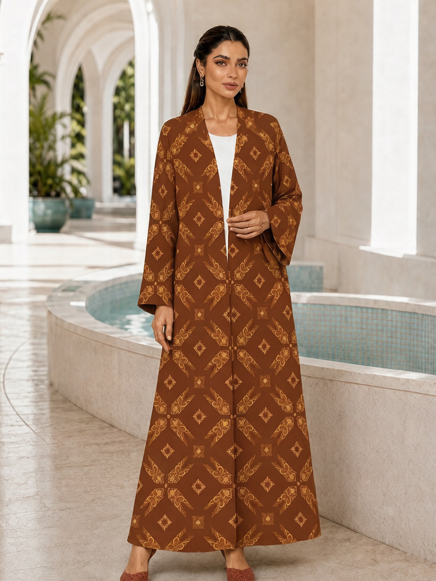Brown Geometric Print Long Sleeves Open Front Abaya