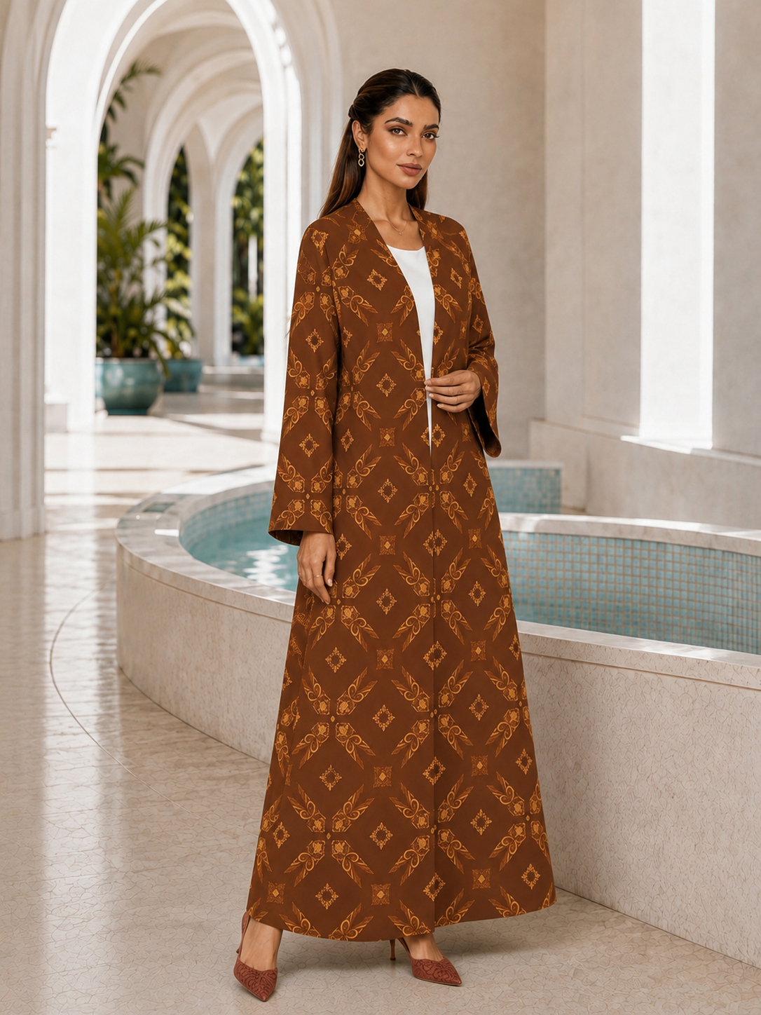 Brown Geometric Print Long Sleeves Open Front Abaya